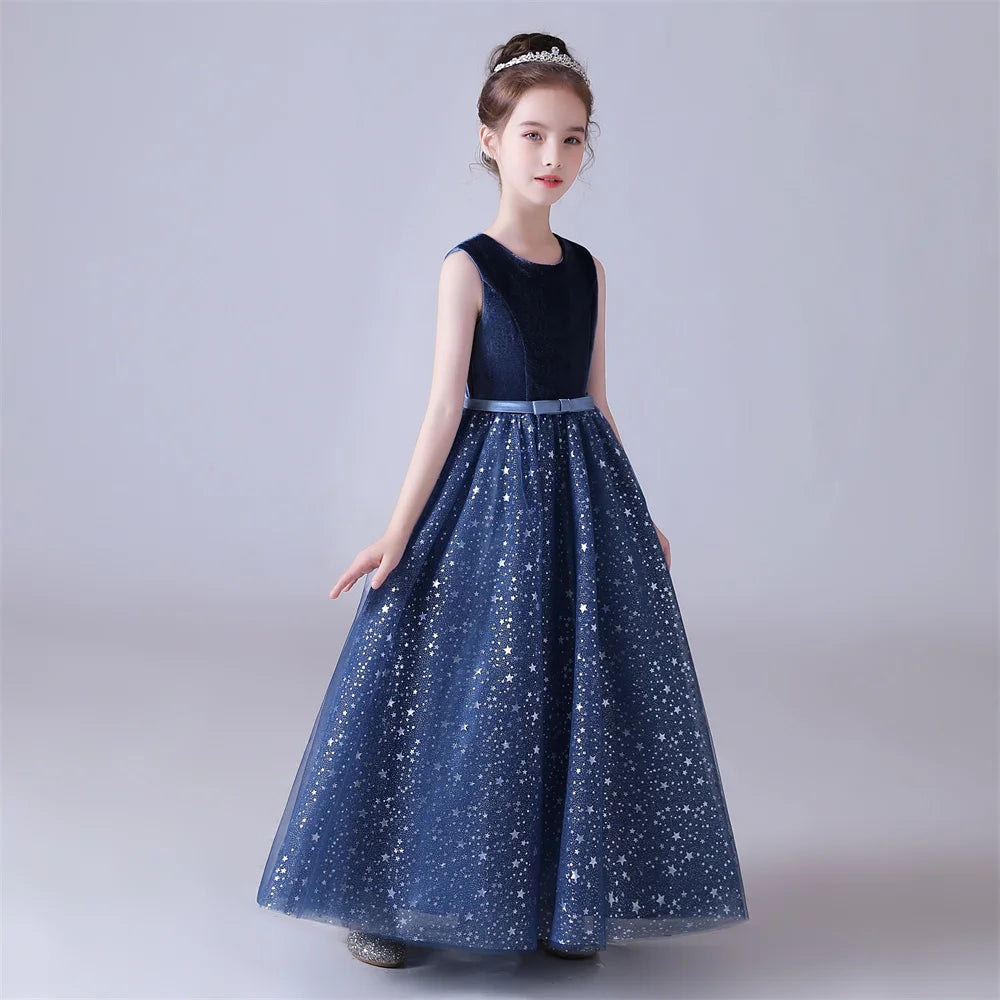 Navy Blue Shiny Tulle Flower Girl Dress - Sleeveless Formal Princess Gown for Kids Birthday Party, Wedding, Pageant & Special Occasions