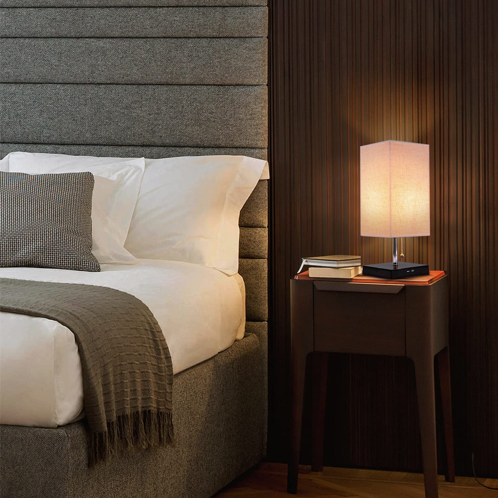 Siljoy Modern Table Lamp with 2 USB Charging Ports - Beige Fabric Lampshade & Black Wooden Base, Pull Chain Switch Nightstand Lamp for Bedroom, Living Room | Perfect for Reading, Working & Charging Devices