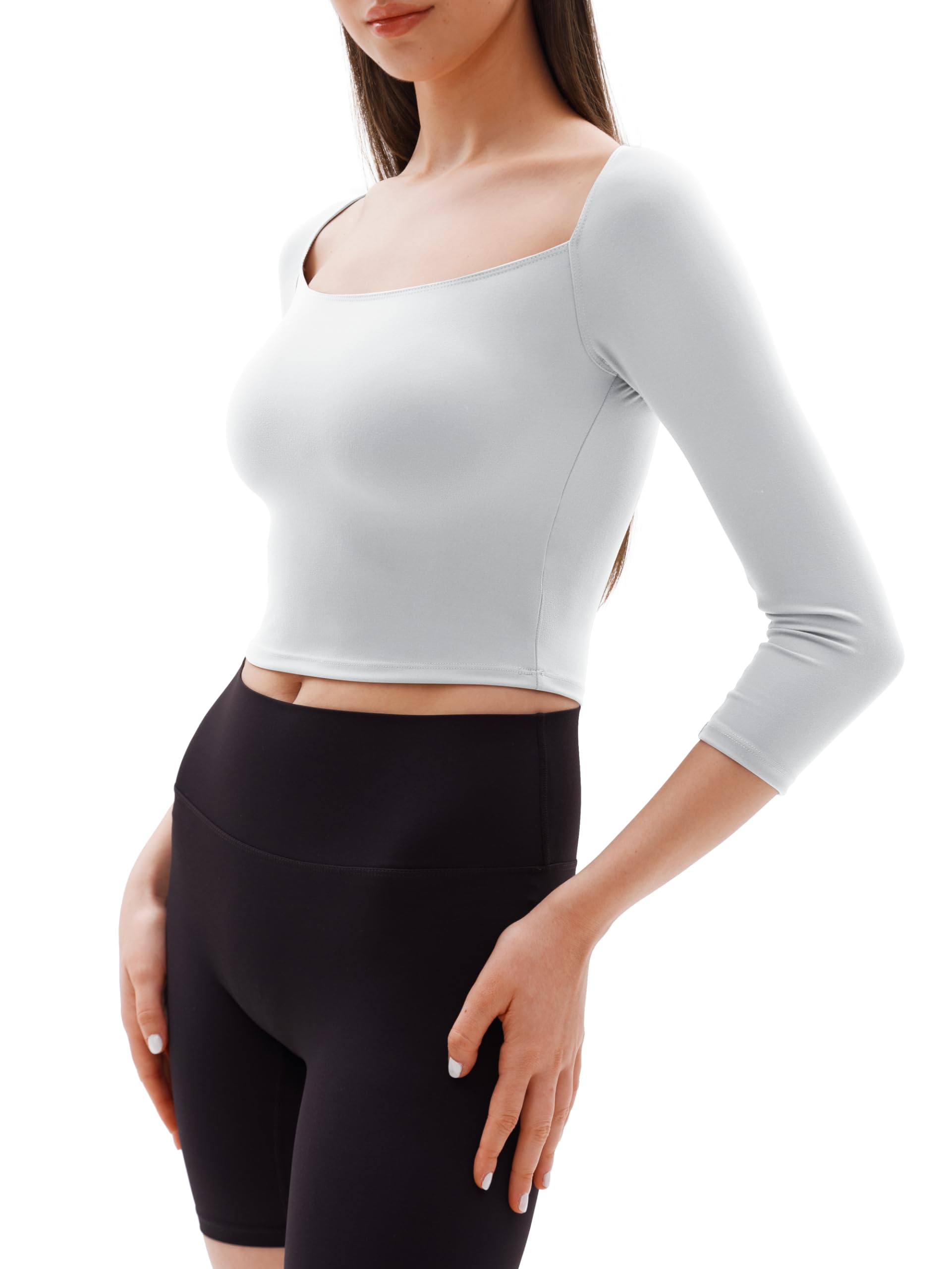 Women's 3/4 Sleeve Square Neck Backless Crop Top - Athletic Yoga Shirt for Workouts, Gym & Summer Fashion - Breathable Stretchy Workout Tee for Yoga, Running & Casual Wear