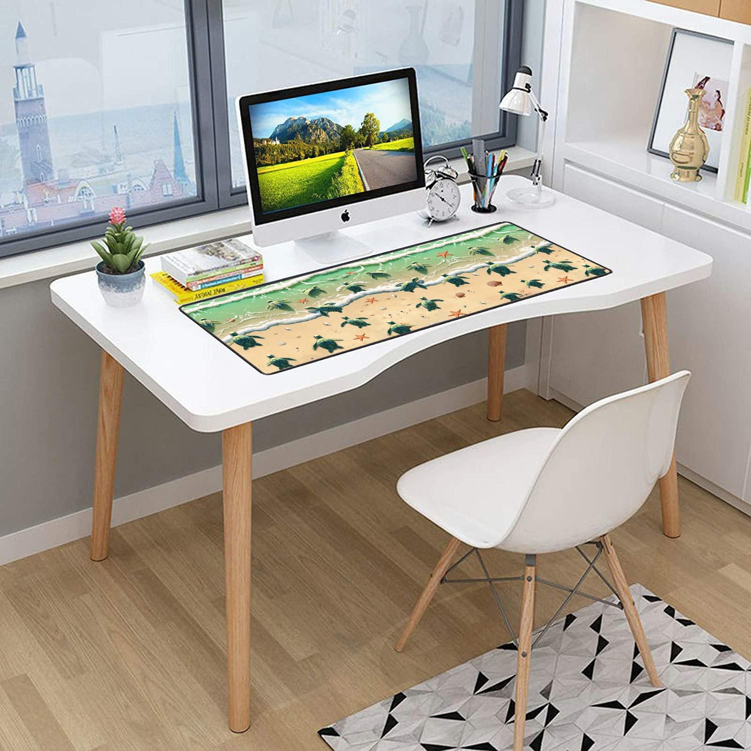 Large Extended Gaming Mouse Pad with Non-Slip Rubber Base - XXL Computer Keyboard Mouse Mat for PC, Laptop, Office & Study - Sea Turtle Beach Design with Starfish Shell Blue Ocean Pattern - Perfect for Gamers, Work & Home Office Setup