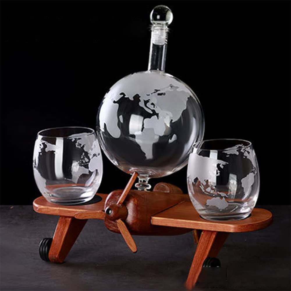 Premium 22.5 Oz Earth-Shaped Whiskey Decanter Set with 2 Crystal Glasses (11 Oz Each) - Elegant Scotch Bourbon Vodka Rum Liquor Gift Set for Men - Perfect for Home Bars, Dinner Parties & Father's Day Gifts