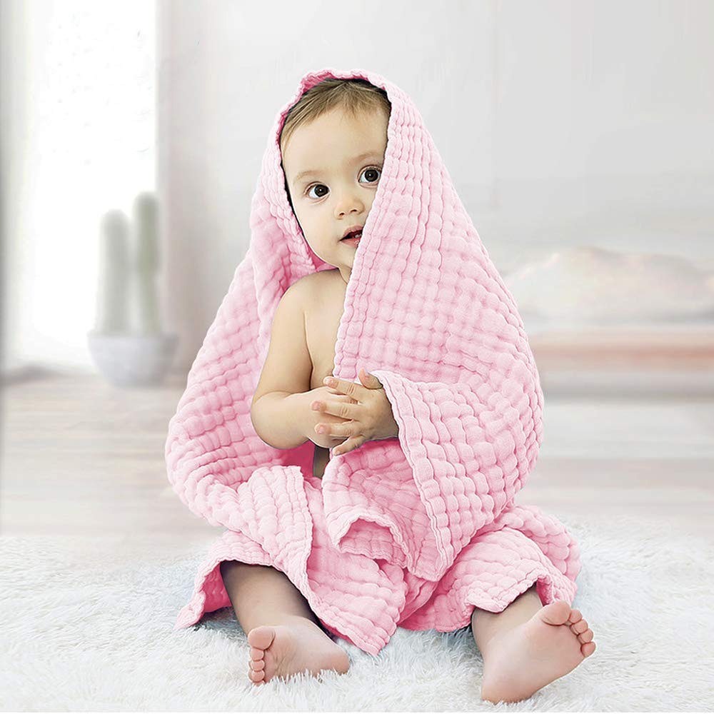 Organic Muslin Baby Towel - 100% Cotton Gauze Soft Infant Bath Towel, 6-Layer Newborn Blanket (43.3
