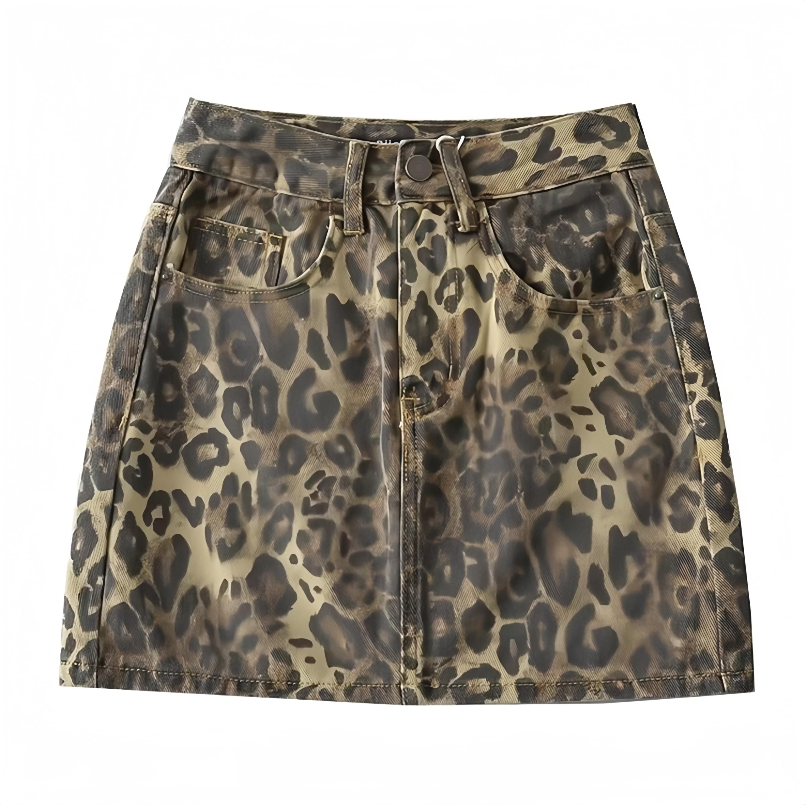 Y2K High Waisted Denim Mini Skirt with Leopard Print & Pockets for Women | Vintage Streetwear Club Dress | Perfect for Casual Outfits, Night Out & Festival Fashion