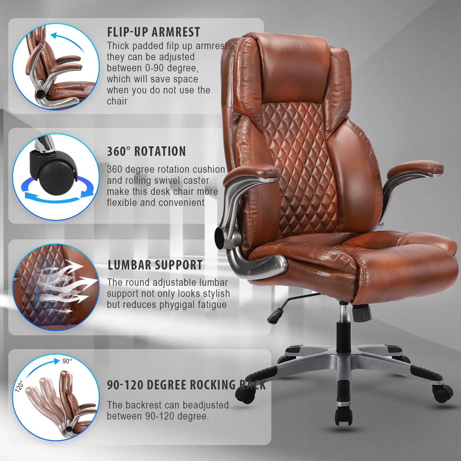 Premium Brown Leather Executive Office Chair with Flip-Up Arms, High Back Ergonomic Design & Lumbar Support - 90-120° Reclining Swivel Task Chair with Wheels for Home Office, Conference Rooms & Workspaces