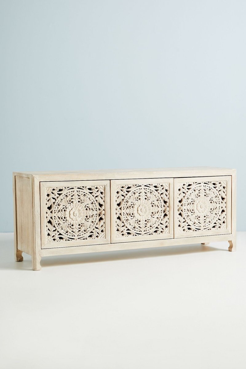 Hand Carved Lombok Media Console - Solid Wood Entertainment Center TV Stand | Handmade Wooden TV Unit for Living Room, Bedroom & Home Theater Setup