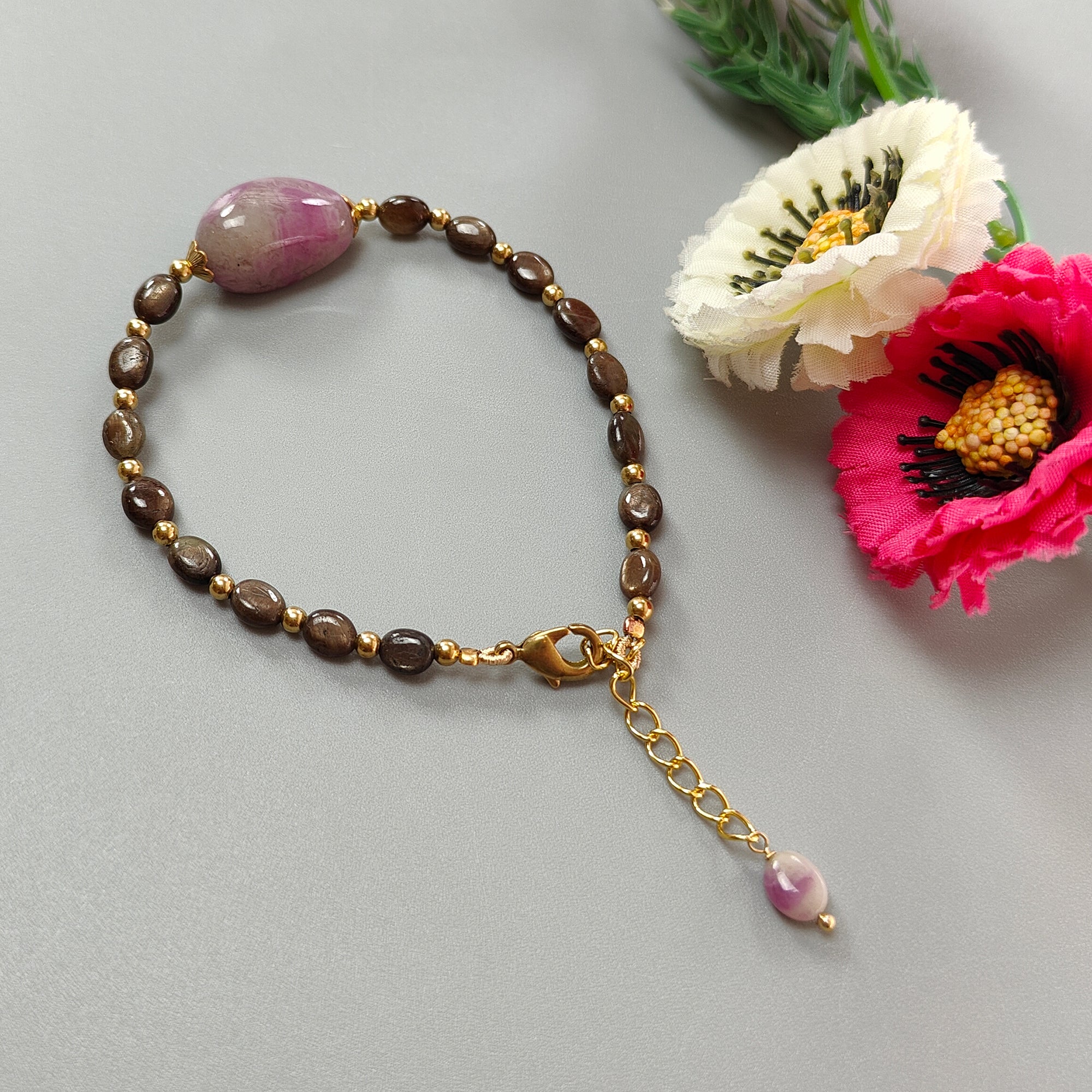 Natural Untreated Zoisite Ruby & Golden Brown Chocolate Sapphire Beaded Bracelet - 58.10cts Oval Cut 7x5mm & 20x14mm Brass Jewelry for Women, Gift for Her, Birthday Present, Anniversary, Party Wear, Boho Chic Accessory