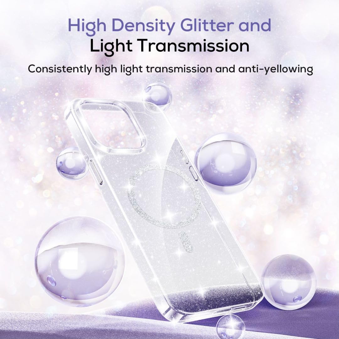 Hoerrye iPhone 15 Pro Max Case for Women - MagSafe Compatible with 2 Tempered Glass & 1 Metal Camera Lens Protector | Clear Glitter Magnetic Protective Cover | Perfect for Everyday Use, Work & Travel