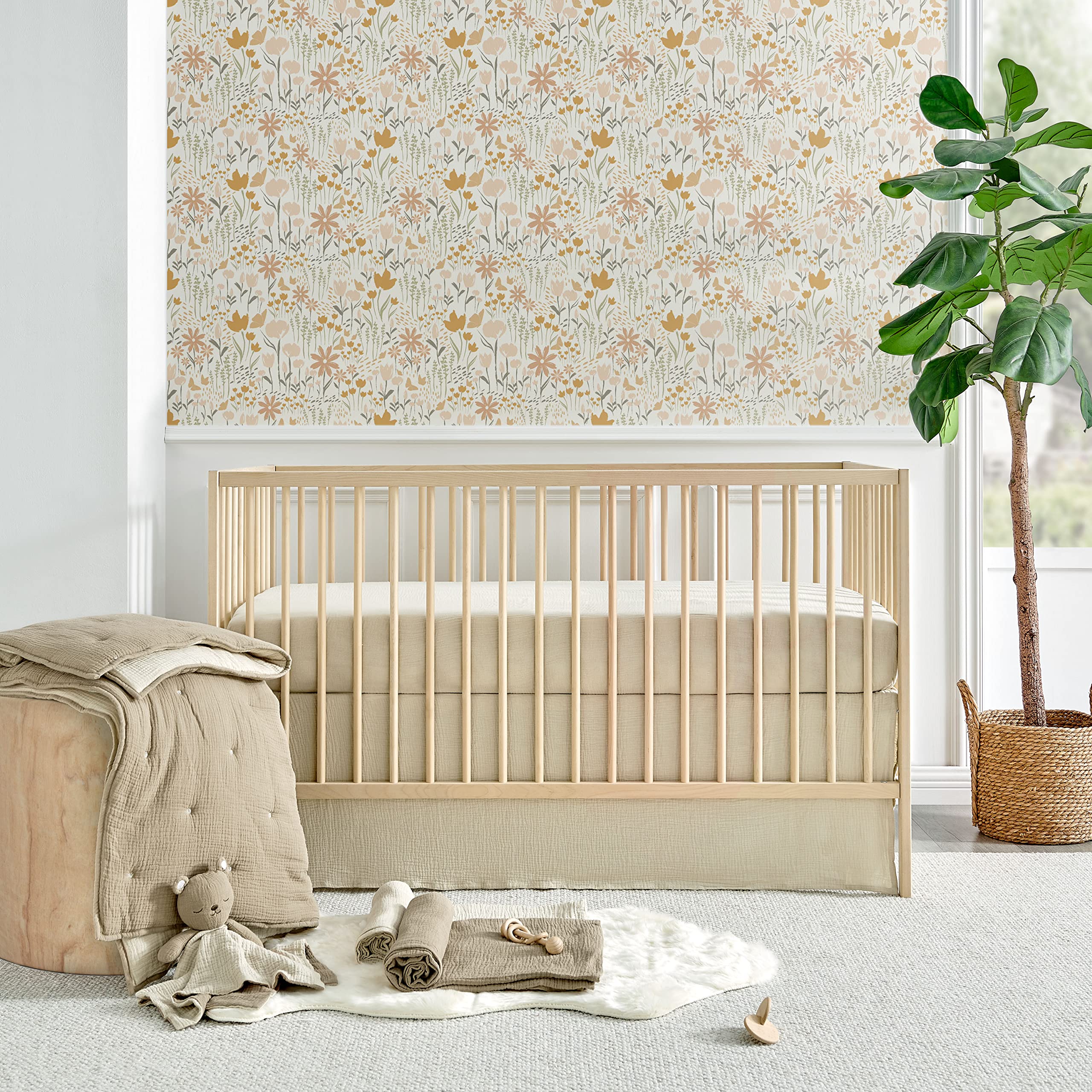 Levtex Baby Cloud Muslin Crib Bedding Set - 5 Piece Nursery Set with Quilt, Fitted Sheet, Swaddles & Bear Lovey - Soft Cacao Beige Star Pattern on Grey Textured Muslin - Perfect for Newborns, Baby Showers & Cozy Nursery Decor