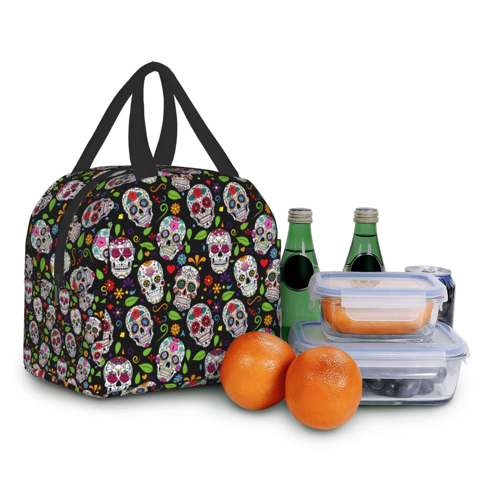Insulated Reusable Lunch Bag for Women & Men - Washable Cooler Tote for Office, Work, Picnic & Beach | Sugar Skull Design