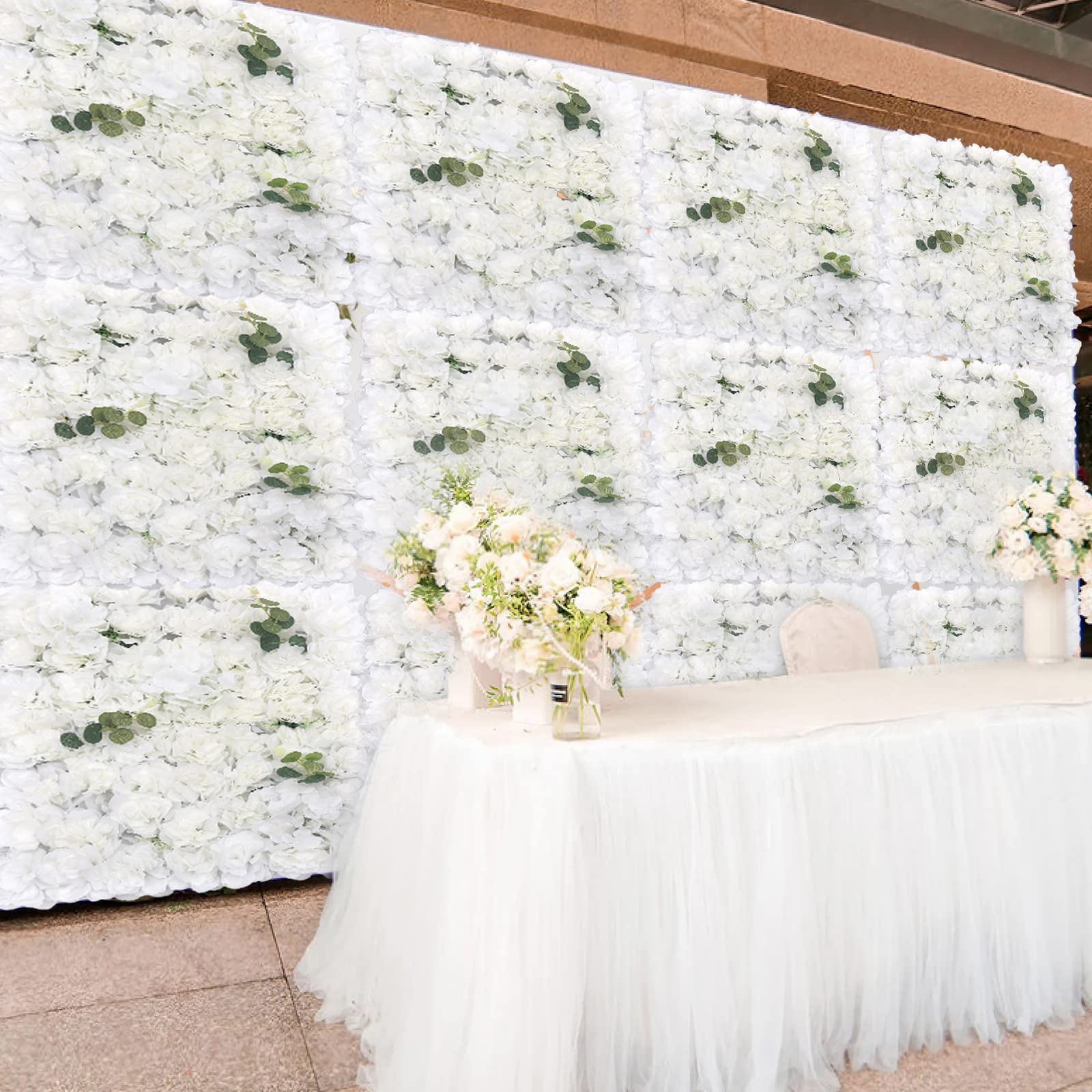 12pcs Artificial Silk Flower Wall Panel - White Rose Floral Backdrop for Wedding, Bridal Shower, Baby Shower, Party Decor, Salon & Home Decoration (23.62