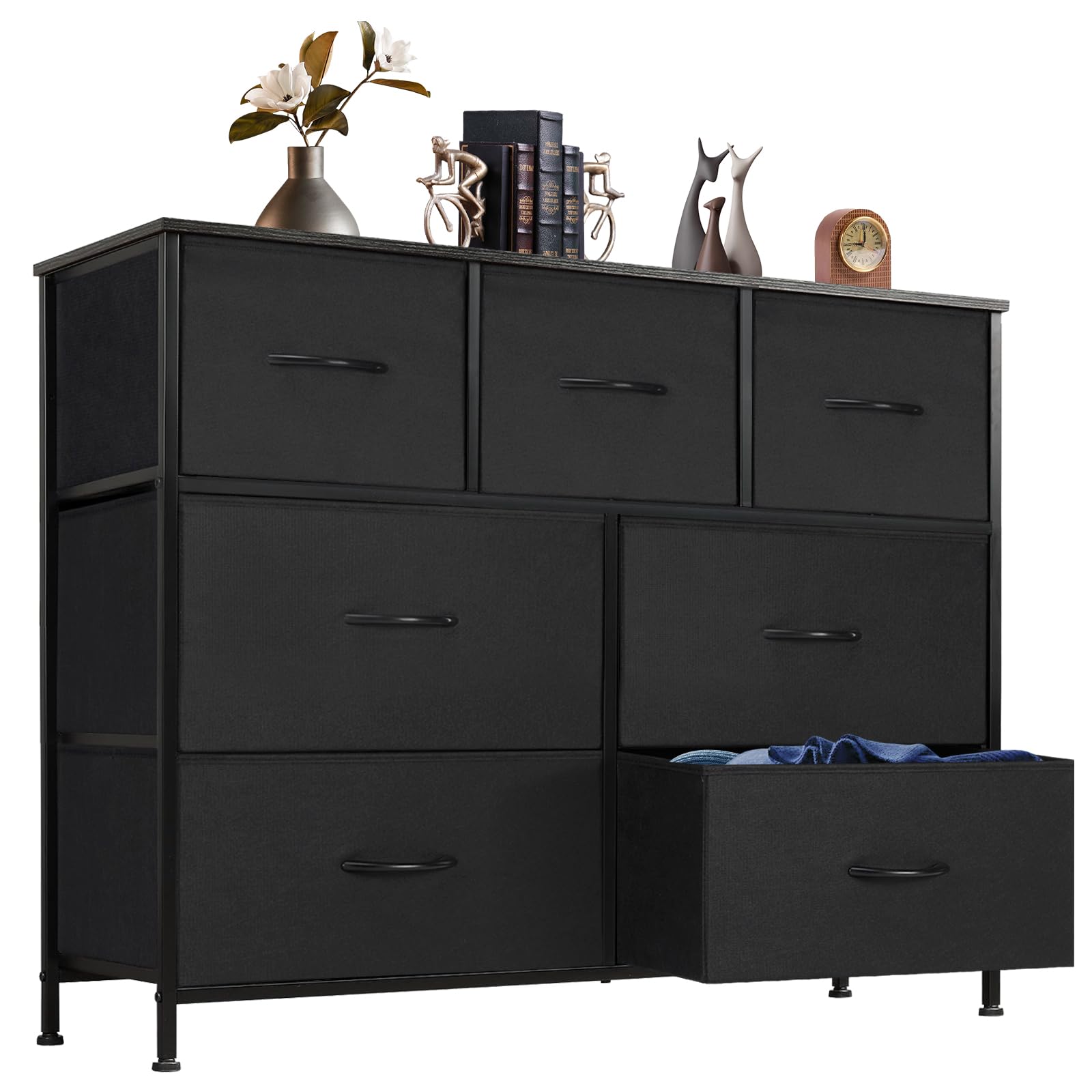 DUMOS 7-Drawer Dresser for Bedroom Storage - Wooden Top with Metal Frame & Fabric Bins - Chest Tower Organizer for Nursery, Living Room, Kids Room, Closet - Perfect for Clothes, Toys & Home Organization (Black)
