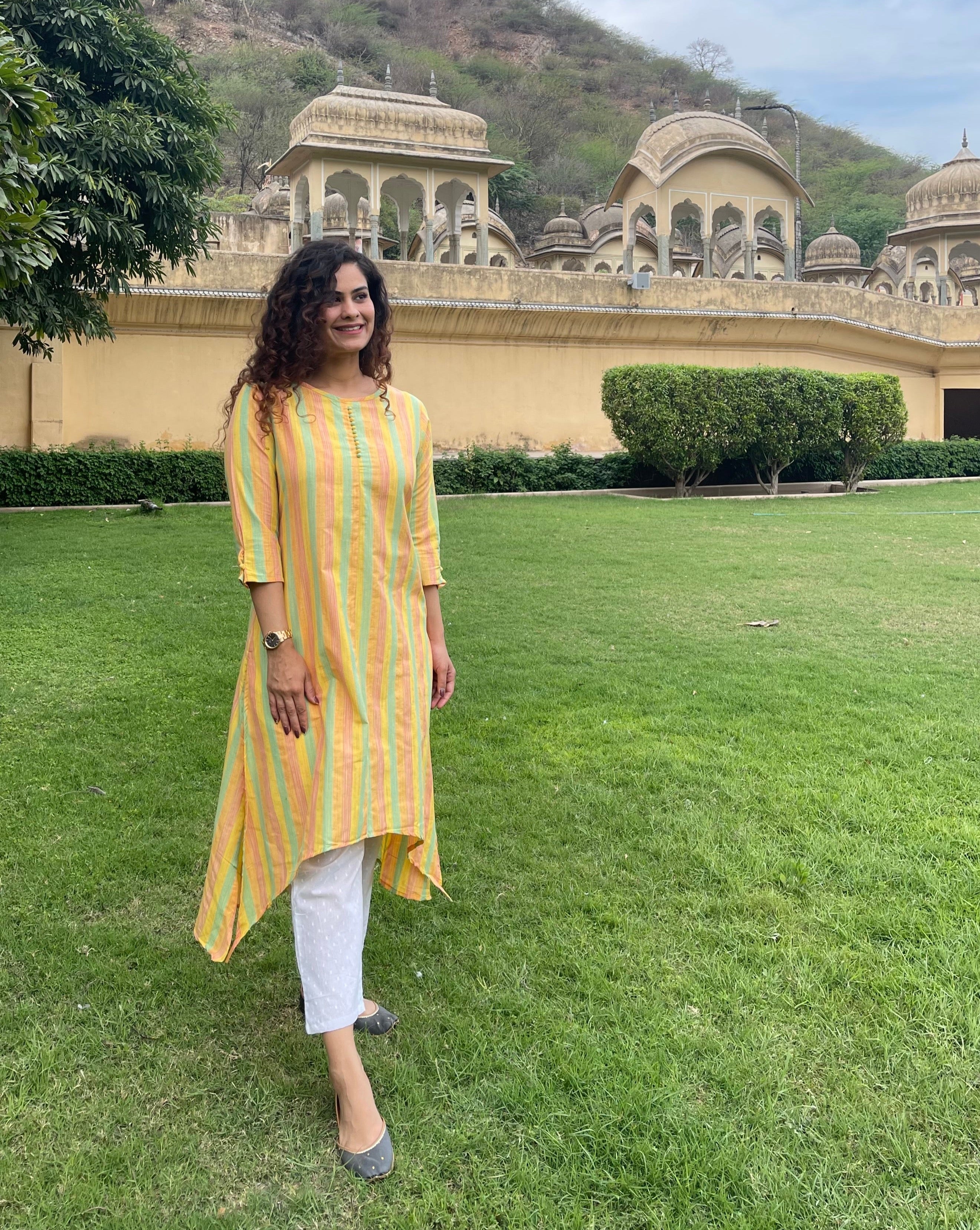 Stylish Yellow Cotton Stripes Kurta Set for Women - Comfortable & Trendy Indian Ethnic Wear - Perfect for Festivals, Parties & Casual Outings