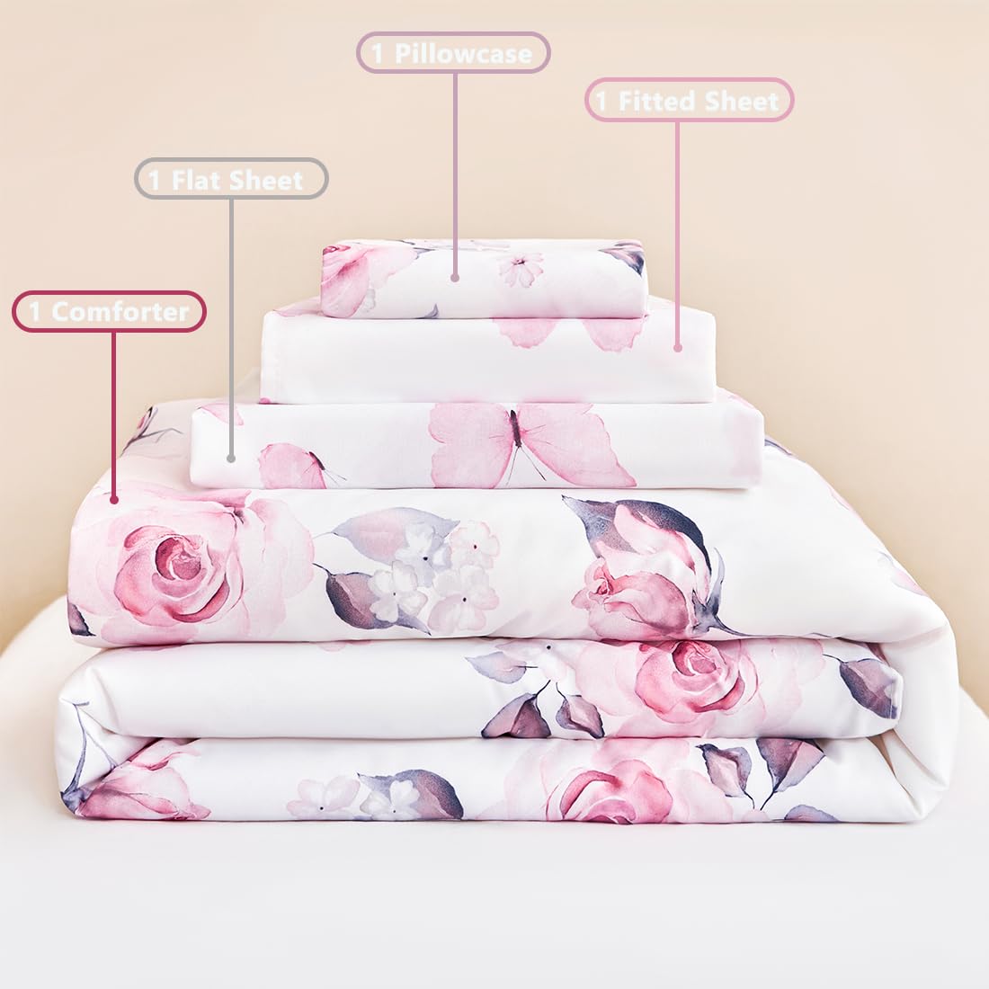 PERFEMET Floral Toddler Bedding 4-Piece Set - Pink Flower Girls Reversible Butterfly Comforter, Fitted Sheet, Flat Sheet & Pillowcase - Soft Nursery Crib Bedding for Baby & Toddler Rooms - Perfect for Girls' Bedrooms, Daycare & Gift Giving