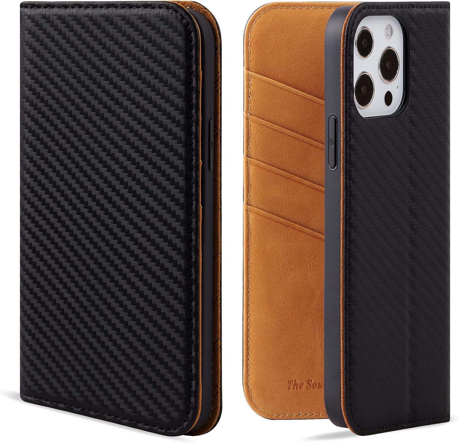 Premium VISOUL Magnetic Wallet Case for iPhone 13 Pro Max (6.7-inch) - Carbon Fiber Leather Folio Cover with Card Holder (Black+Tan) | Perfect for Business, Travel & Everyday Protection