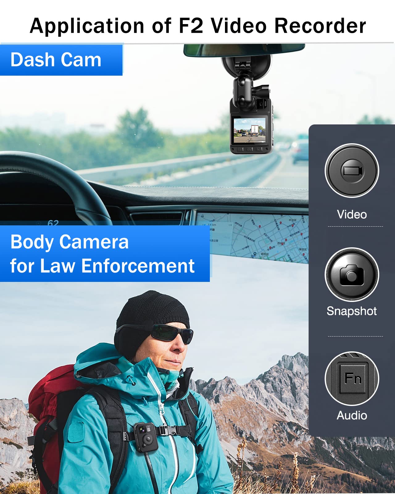 BOBLOV F2 Dual-Screen Body Camera 128GB with GPS, 2K HD Video Recording - Wearable Security Camera for Police, Security Guards & Delivery Personnel - Ideal for Law Enforcement, Night Patrols & Package Tracking