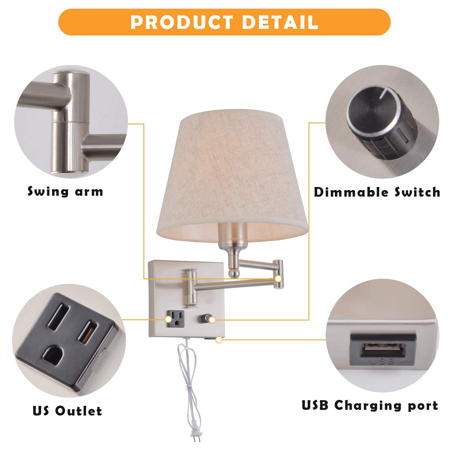 Dimmable Swing Arm Wall Sconce Light with USB Port & Outlet - Adjustable Fabric Shade Bedside Lamp in Satin Nickel for Bedroom, Living Room & Hotel - Perfect for Reading, Nightstand Lighting & Modern Home Decor