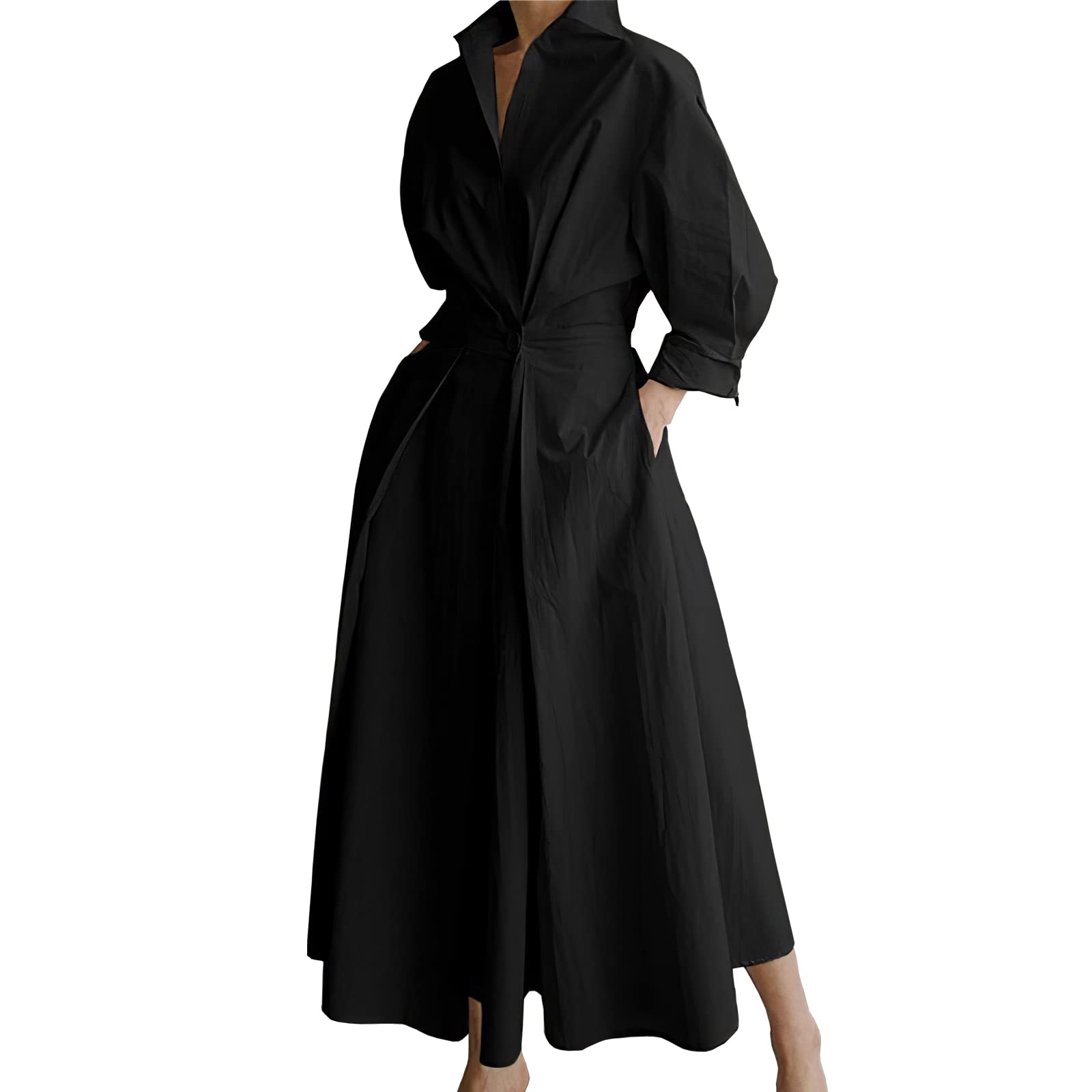 TheyLook Women's Long Sleeve Maxi Dress with Elastic Waist - Linen Button Down Shirt Dress for Casual Wear, Beach Cover Up & Summer Outfits
