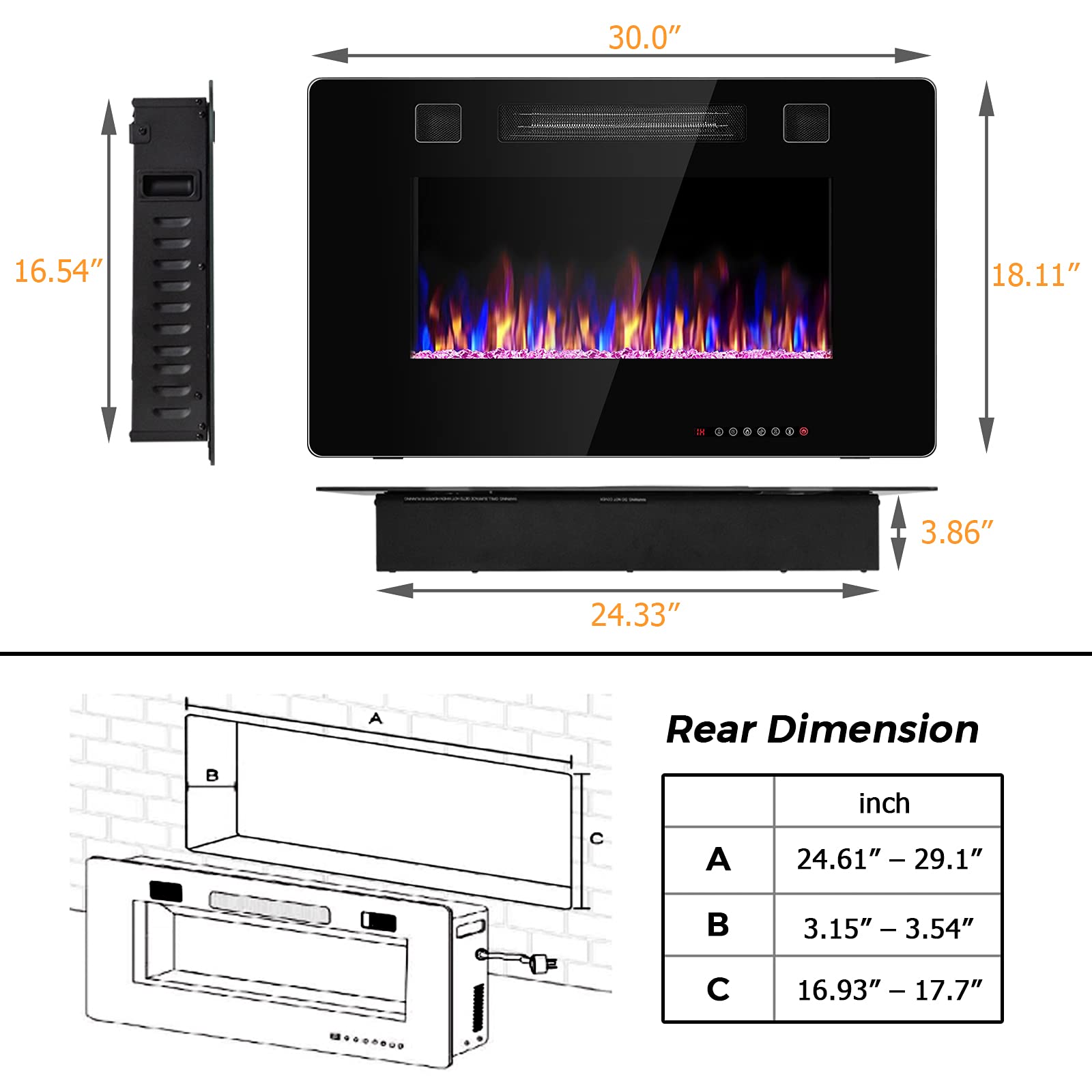 COSTWAY 30-Inch Electric Fireplace Insert with Remote - 750W/1500W Wall Recessed or Mounted Heater - 12 Flame Colors & 5 Brightness Settings - 8H Timer - Indoor Use for Living Room, Bedroom, Office