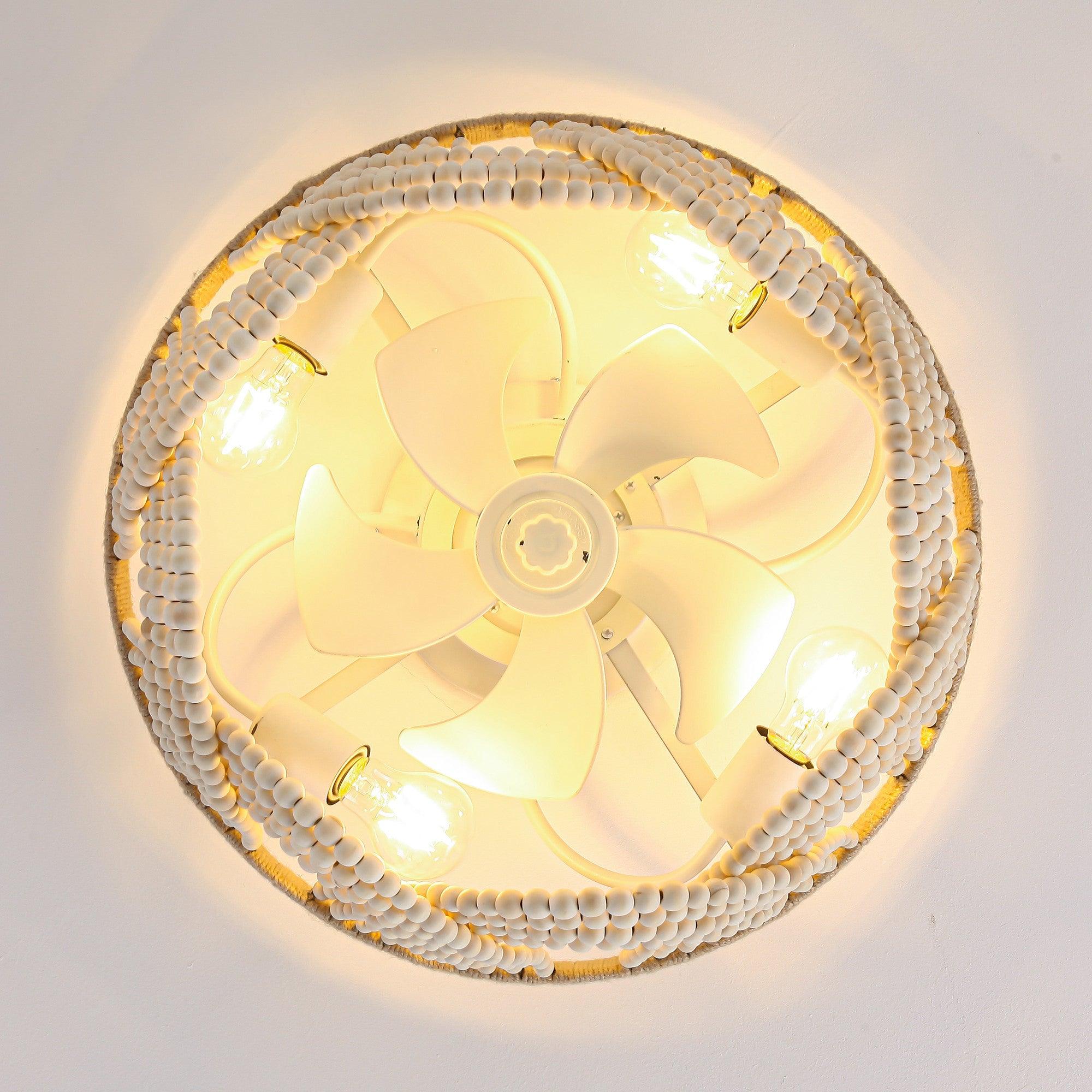 20 Inch White Farmhouse Wooden Beads Flush Mount Ceiling Fan with APP Remote Control & LED Light - Perfect for Bedroom, Living Room, and Kitchen Decoration