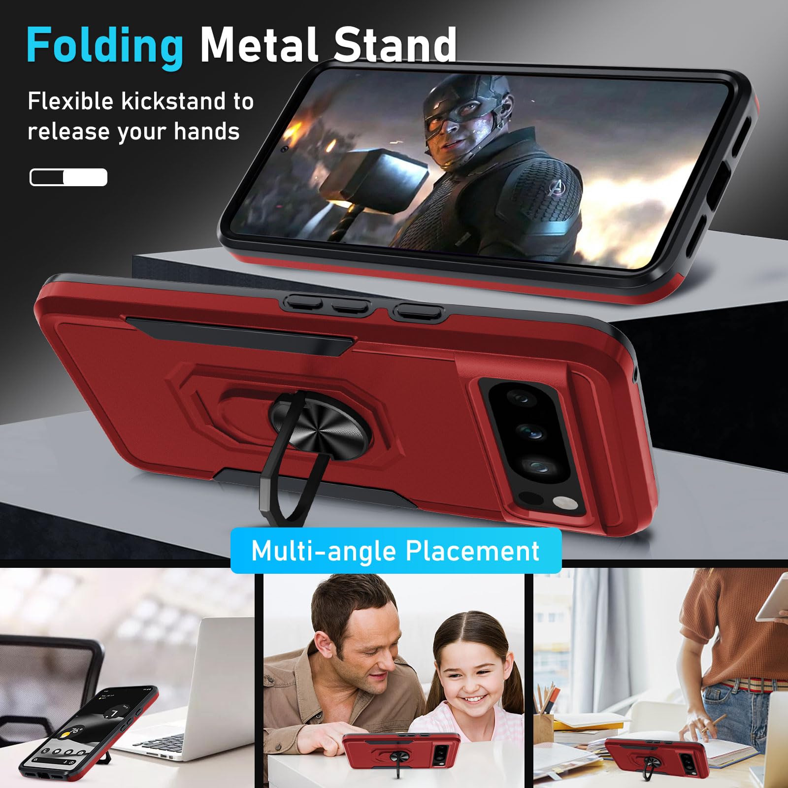 Janmitta Shockproof Heavy Duty Case for Google Pixel 8 Pro with Built-in Screen Protector & Camera Lens Cover - Full Body Protection with Metal Ring Holder & Kickstand (2023, Red) | Perfect for Outdoor Activities, Travel & Daily Use