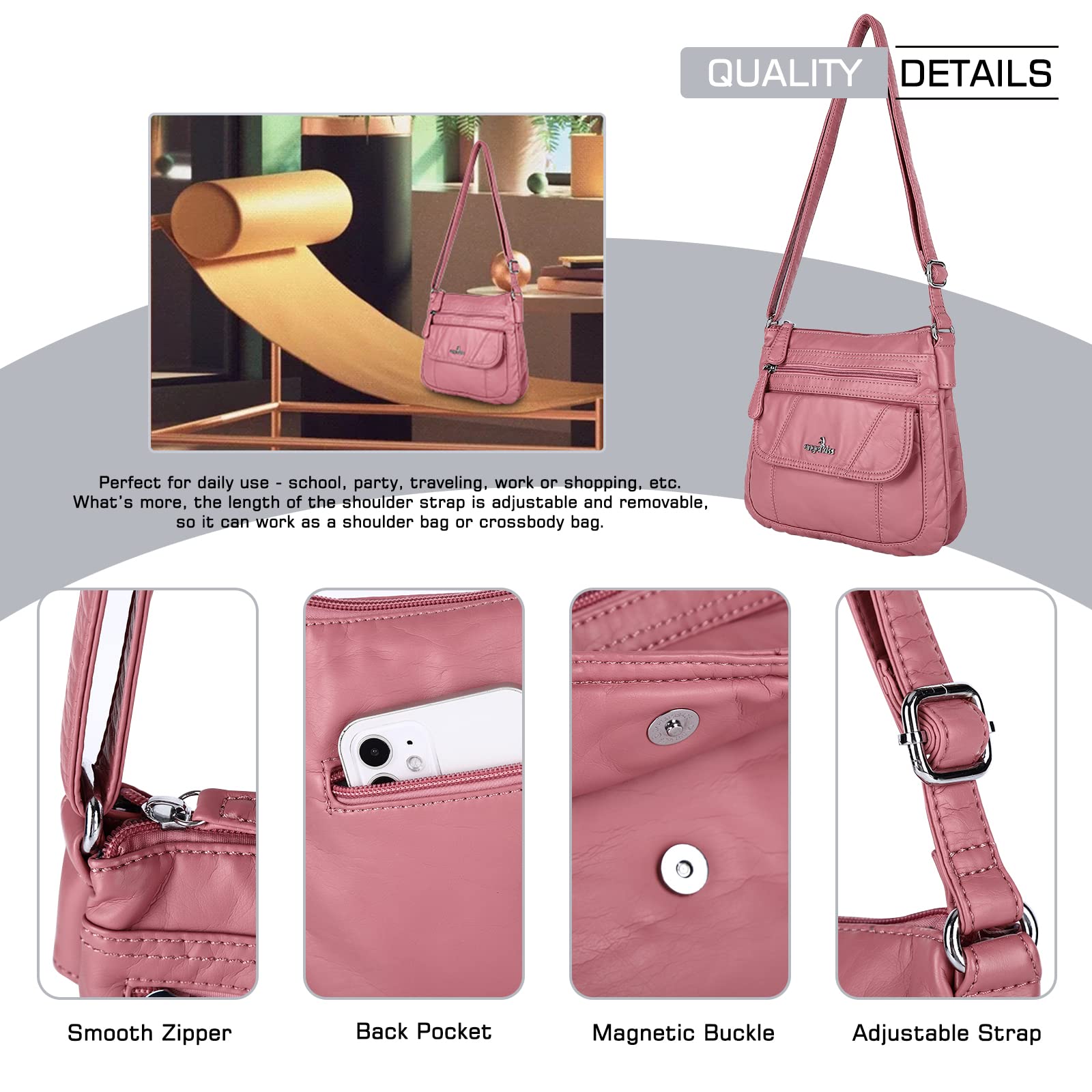Angel Kiss Women's Crossbody Bag - PU Leather Adjustable Shoulder Handbag Purse for Daily Use, Travel & Shopping