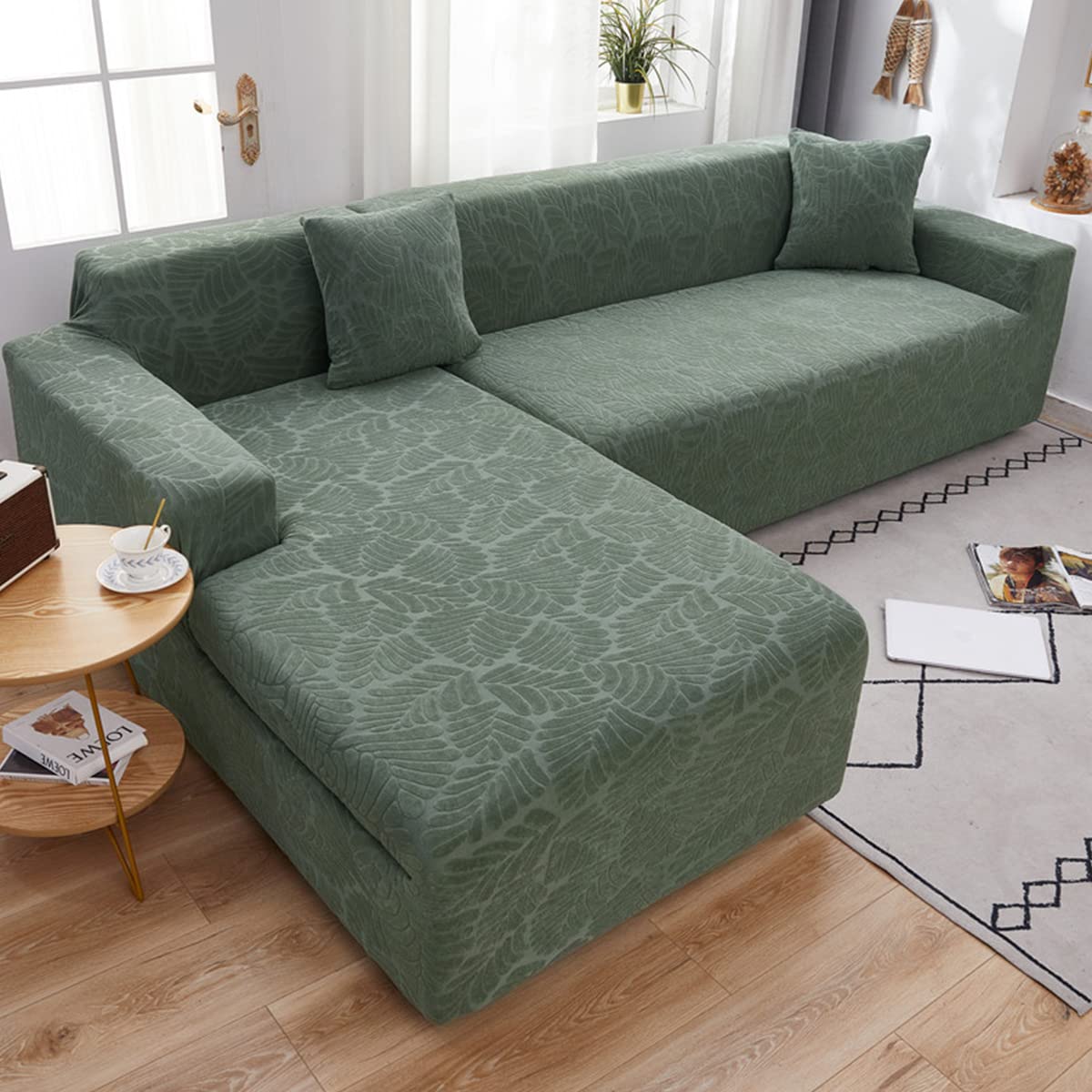 3+3 Seat Velvet Stretch Sofa Cover - 2 Piece Plush Sofa Protector for L-Shaped Sectional Couch, Soft Tea Green | Perfect for Living Room, Family Room & Home Theater Comfort