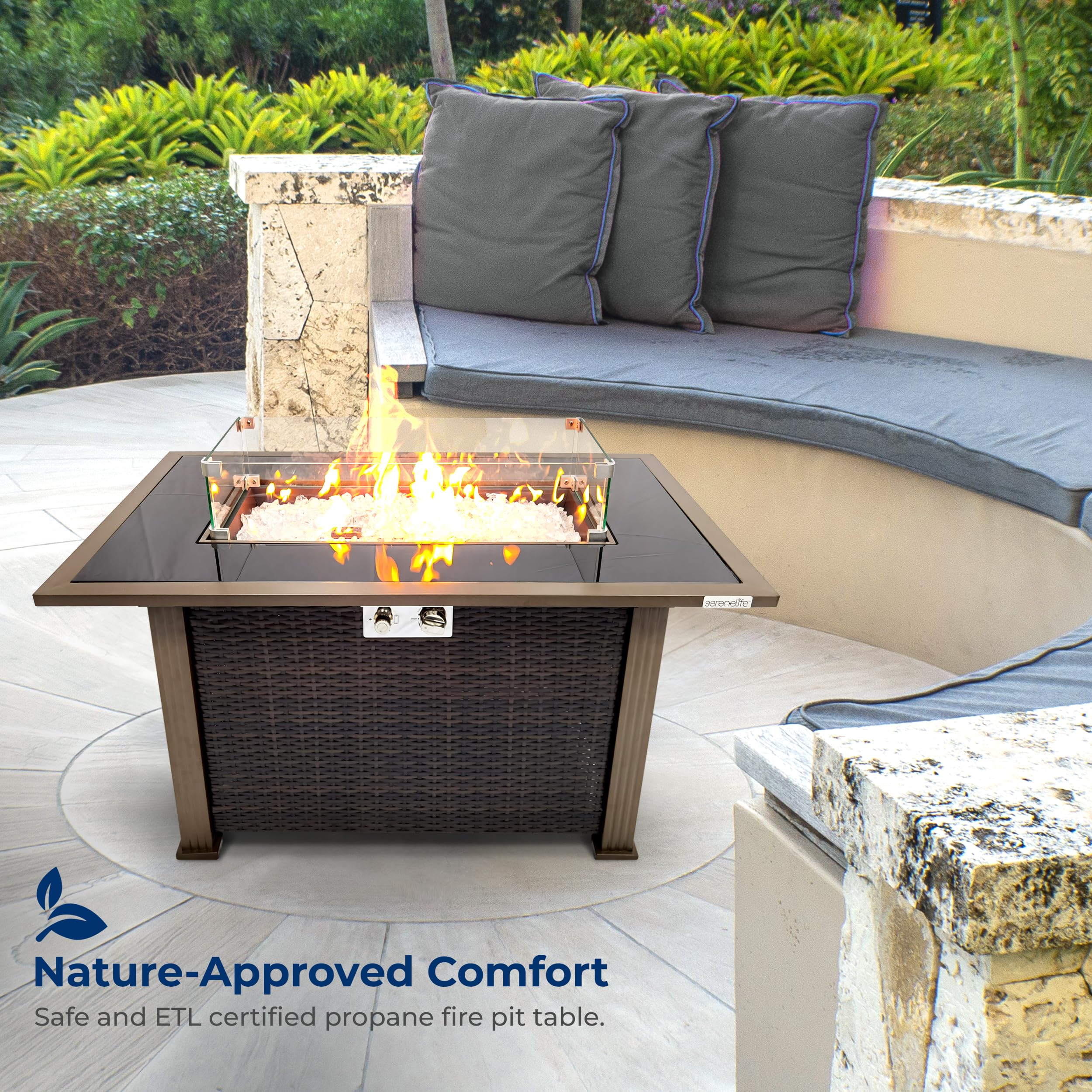 SereneLife 50,000 BTU Outdoor Propane Fire Pit Table with Auto-Ignition - Black Tempered Glass Top & Wind Guard for Patio, Backyard, Garden (Includes Clear Glass Rocks) | Perfect for Outdoor Gatherings, Camping & Relaxation