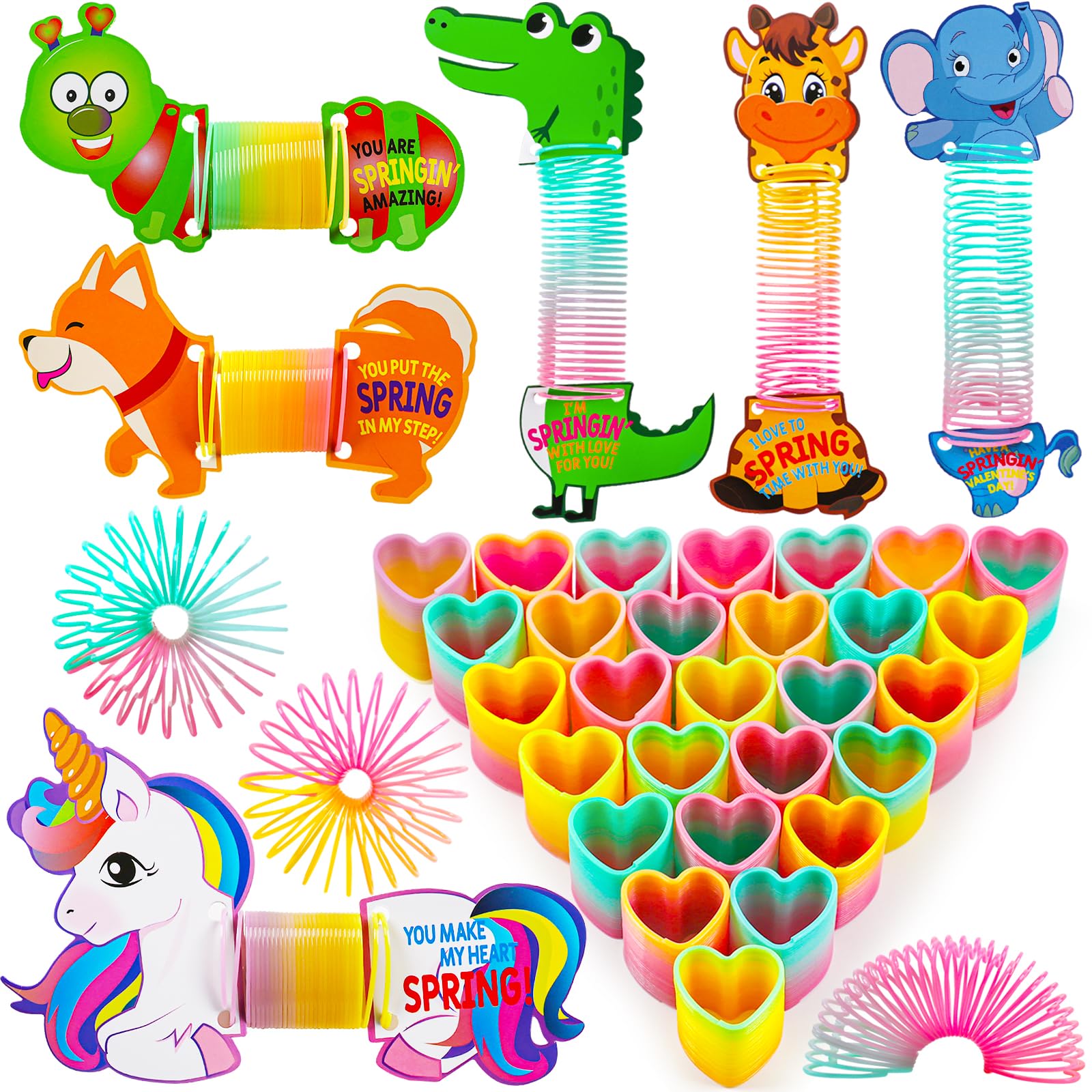 30-Pack Valentine's Day Cards for Kids with Rainbow Slinky Toys - Classroom Exchange Gifts, School Party Favors, Easter Prizes for Toddler Boys & Girls - Perfect for Classroom Activities, Holiday Celebrations & Gift Exchanges