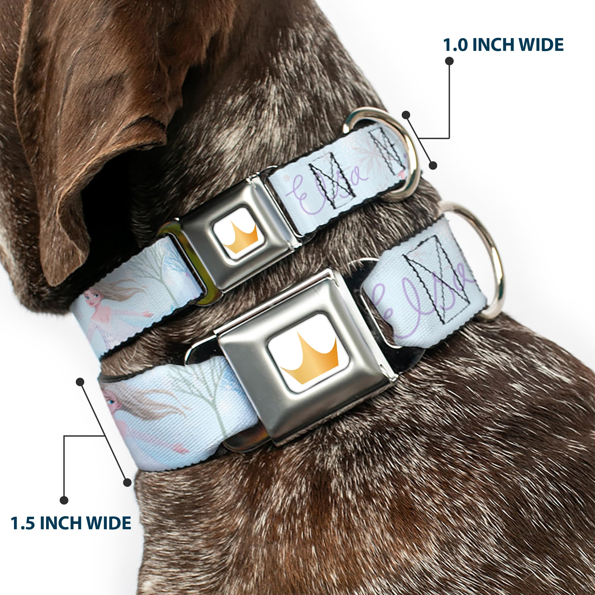 Frozen Elsa Snowflake Dog Collar with Seatbelt Buckle - 20 to 31 Inches, 1.5 Inch Wide - Perfect for Disney Fans & Safe Car Rides