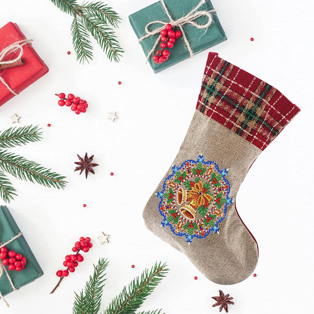 5D Diamond Painting Christmas Stockings Kit - DIY 14 Inch Holiday Bell & Candy Bag for Fireplace Decor - Perfect for Family Christmas Party, Home Decoration & Gift Giving