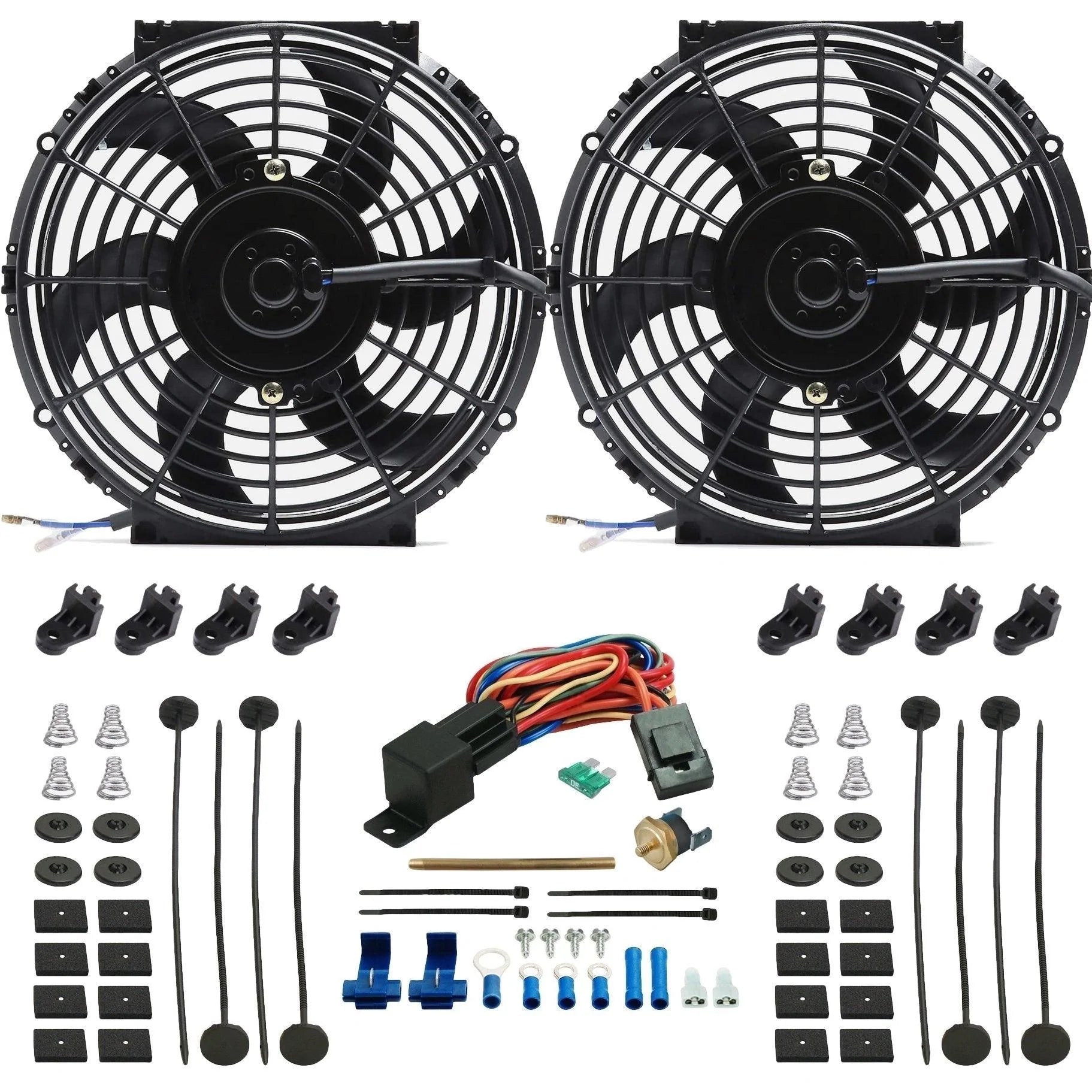 Dual 10-11 Inch 130W Electric Radiator Fans with Push-In Probe Thermostat Switch - Perfect for Car Cooling Systems & Overheating Protection