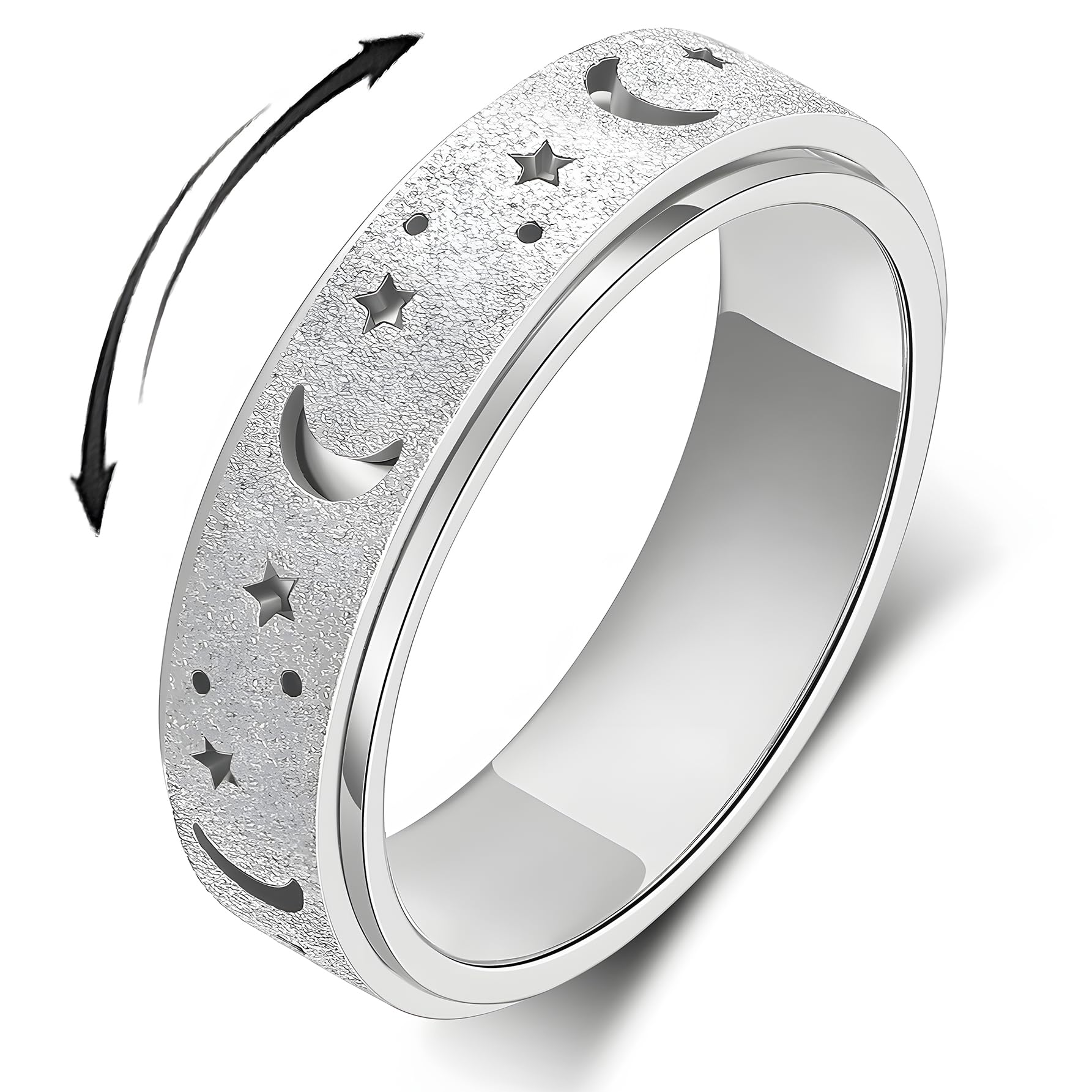 Anxiety Spinner Ring for Women & Men - Stainless Steel Moon Star Design for Stress Relief - Size 6-10
