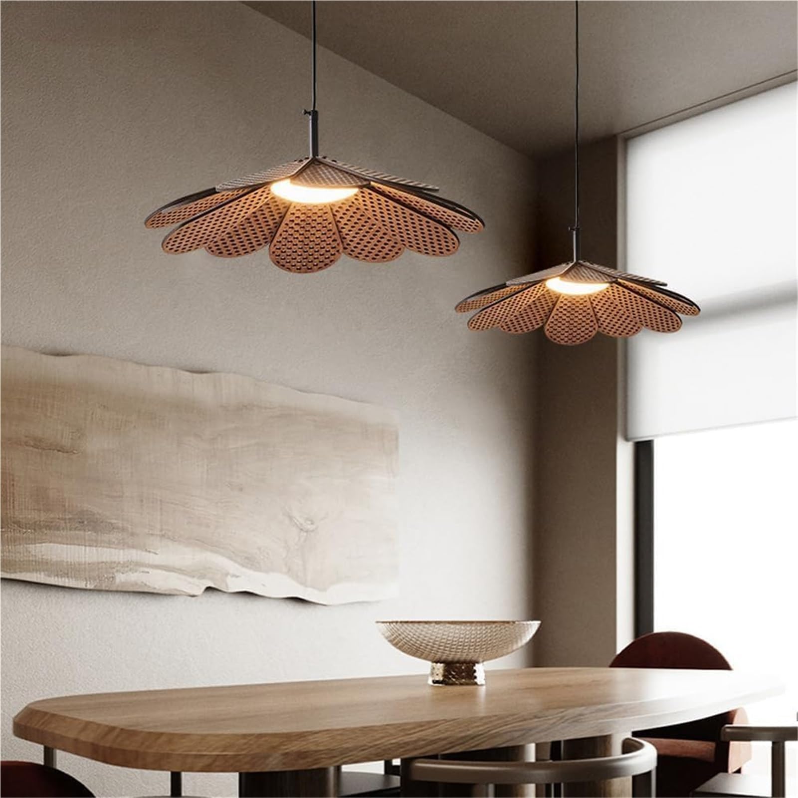 Mid Century Modern Walnut Wood Flower Kitchen Island Pendant Light - Japanese Style Minimalist Wooden Dining Room Hanging Lamp - Nordic Floral Farmhouse Chandelier for Living Room, Dining Table, and Breakfast Nook