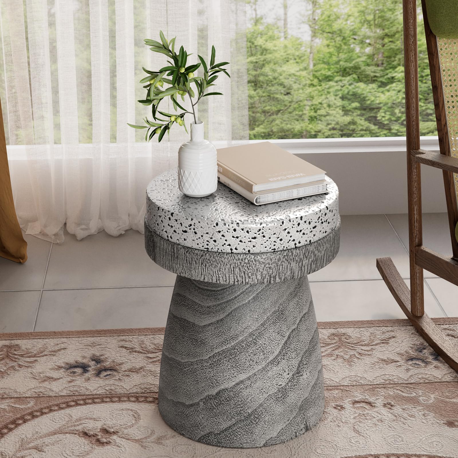 Stylish Grey Concrete Outdoor Side Table with Spotted Tabletop - Lightweight Round Patio Accent Table, Faux Wood Cylinder Stool - Perfect for Garden, Deck, and Poolside Decor