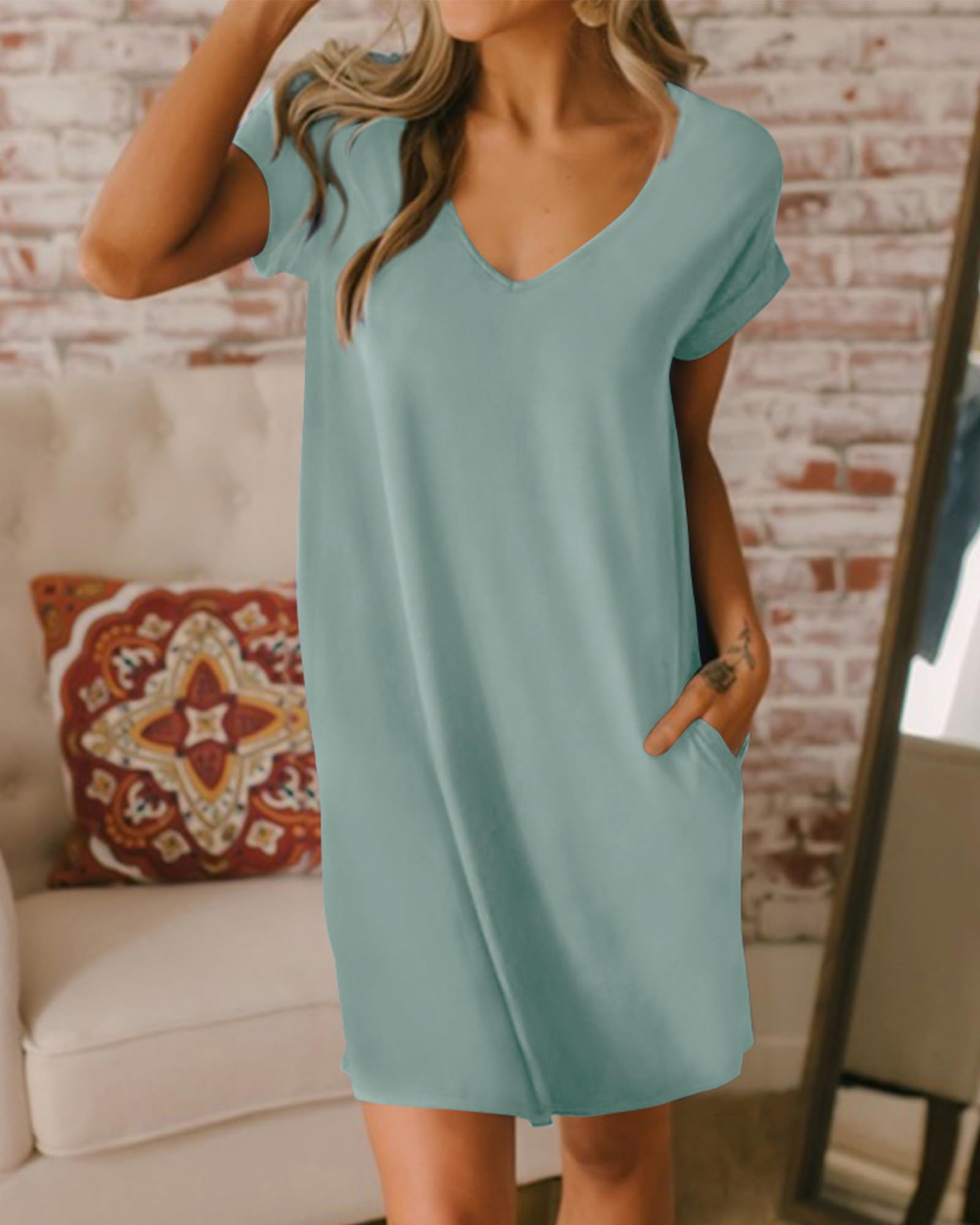 BTFBM Women's V-Neck Short Sleeve Summer Dress - 2025 Spring Casual Loose Tunic T-Shirt Dress with Pockets | Perfect for Beach, Vacation, Lounge & Sleepwear