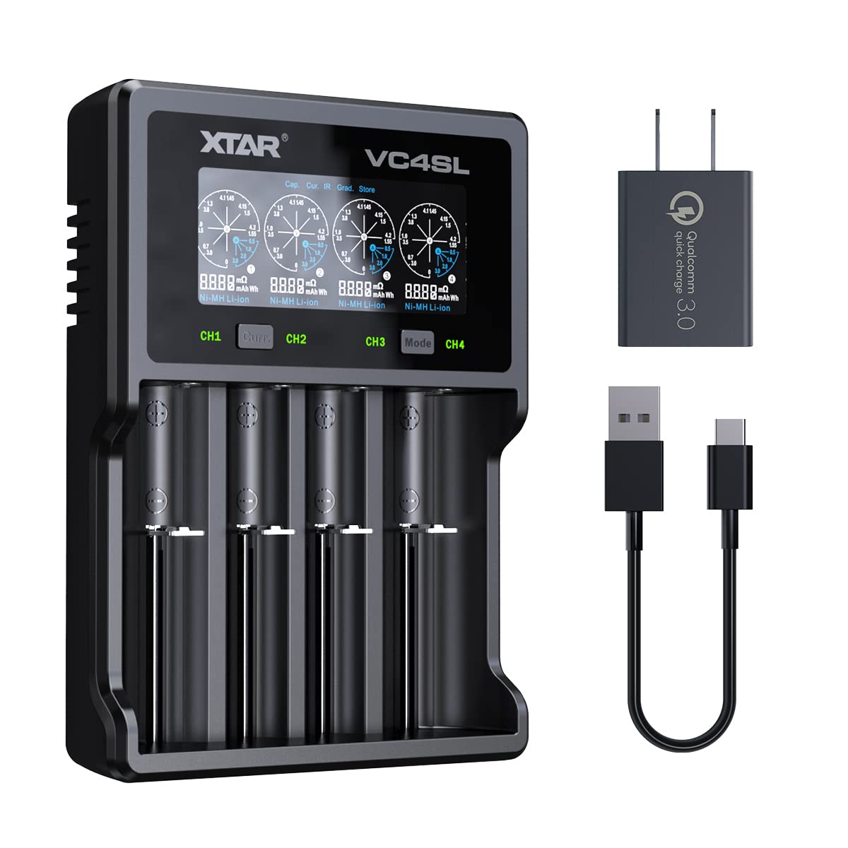 XTAR VC4SL 3A Fast Battery Charger with QC3.0 Adapter - 4 Bay Smart Charger for Li-ion & Ni-MH Rechargeable Batteries (1.2V-4.2V) - Perfect for Cameras, Flashlights, RC Toys, and Electronic Devices (Batteries Not Included)