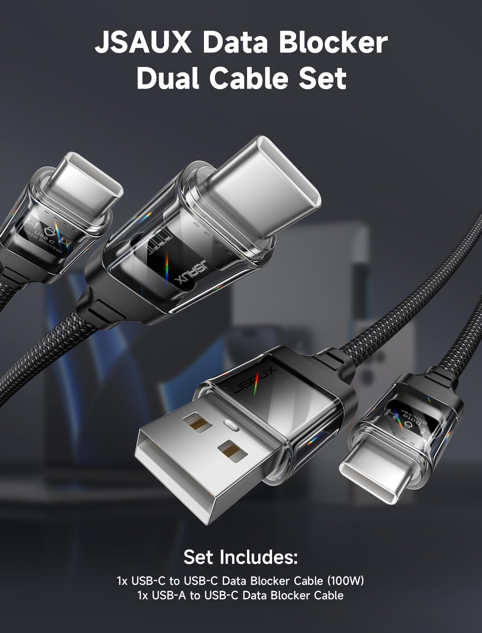 JSAUX 100W USB-C to USB-C & USB-A to USB-C Fast Charging Cable Set (6.6ft) - Dual Charge-Only Data Blocker Cables for iPhone 16/15 Pro Max, Samsung Galaxy S24 - Perfect for Travel, Office & Home Charging Stations