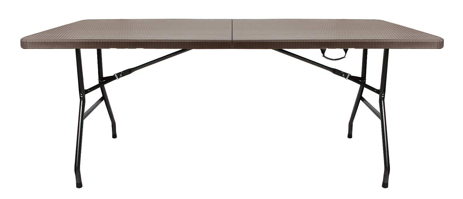 Todeco 6FT Heavy Duty Folding Table - Imitated Rattan Portable Indoor Outdoor Picnic Party Dining Camping Table with Handle, Brown - Perfect for Backyard BBQ, Beach Trips & Tailgating