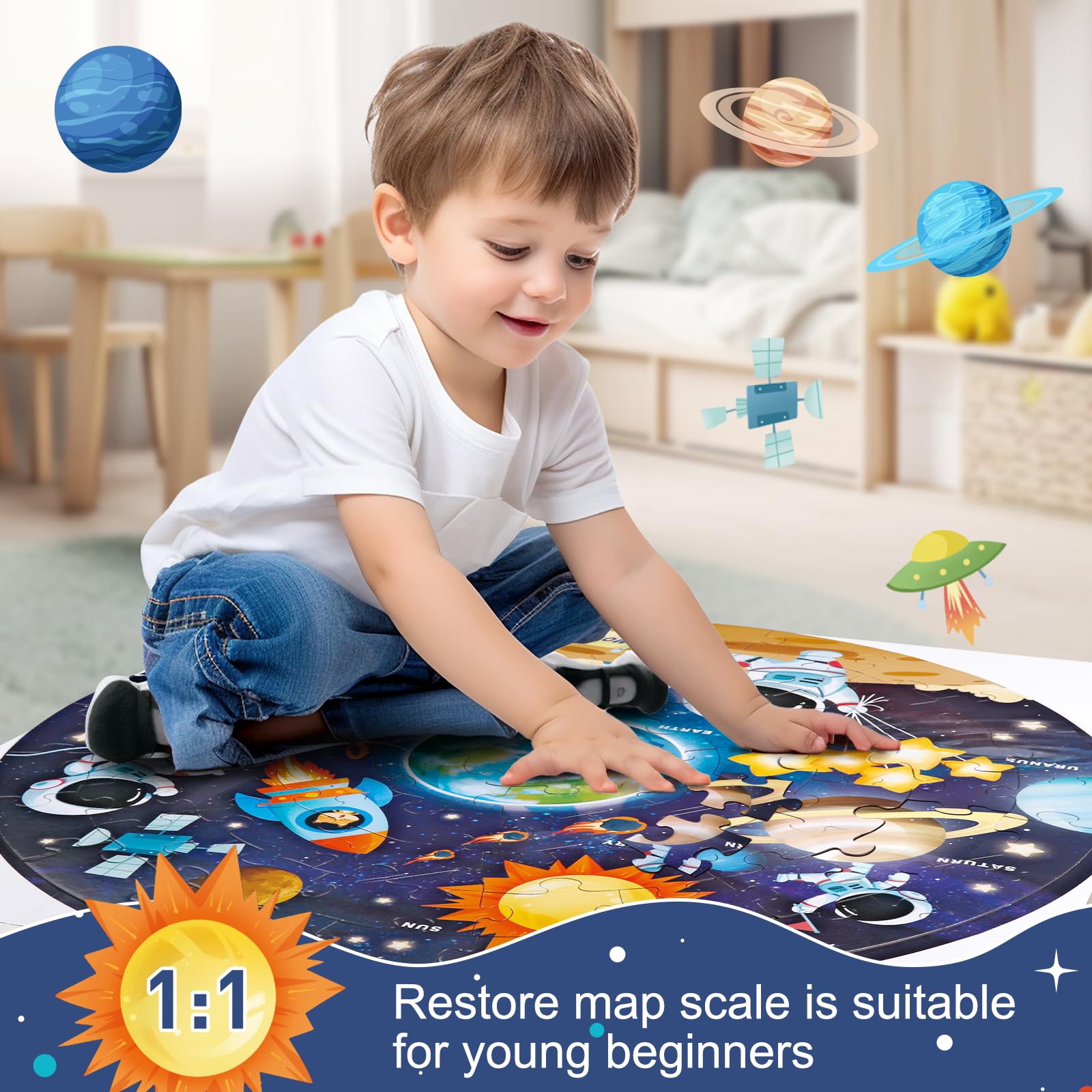 70-Piece Round Jigsaw Puzzle for Kids Ages 3-8 | Educational Floor Toy for Preschool Learning | Solar System Theme for Birthday & Christmas Gifts