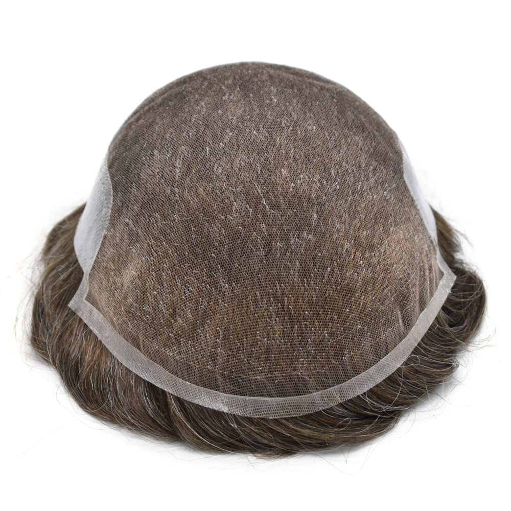 Natural Human Hair Toupee for Men - Swiss Lace Base Hair Replacement System with PU Bleached Knots | 8x10 Inch Light Medium Density (540# Medium Light Brown with 40% Gray) | Perfect for Daily Wear, Special Occasions & Hair Loss Solutions | SINGA HAIR