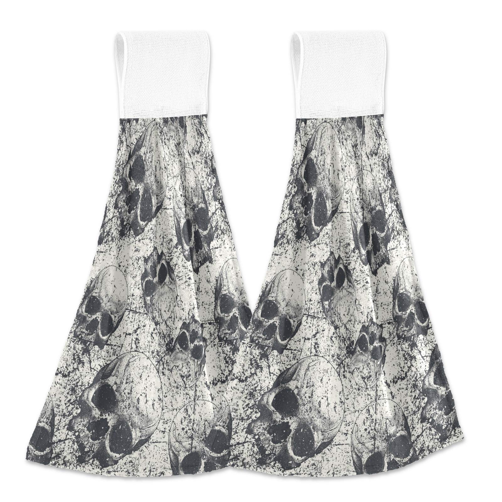 Vintage Skull Halloween Print Kitchen Hand Towels - Absorbent Hanging Dish Towels with Loop for Bathroom, Kitchen Decor - 2 Pack for Halloween Party, Gothic Home Decor, Spooky Gift Idea
