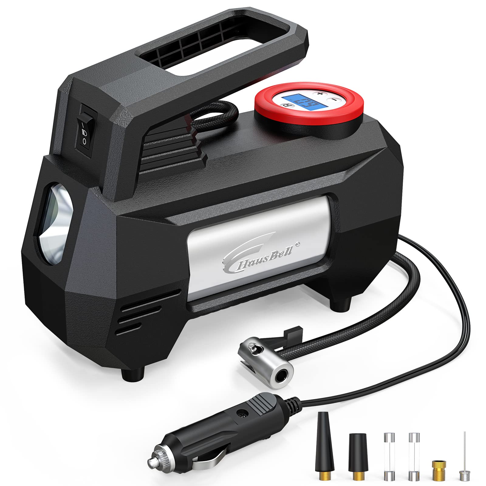 HAUSBELL Portable Air Compressor for Car Tires - 12V DC 150PSI Fast Inflation Pump with LED Light & Digital Gauge - Emergency Tire Inflator for Cars, SUVs, Bikes (Black) | Ideal for Road Trips, Camping & Emergency Flat Tire Repair