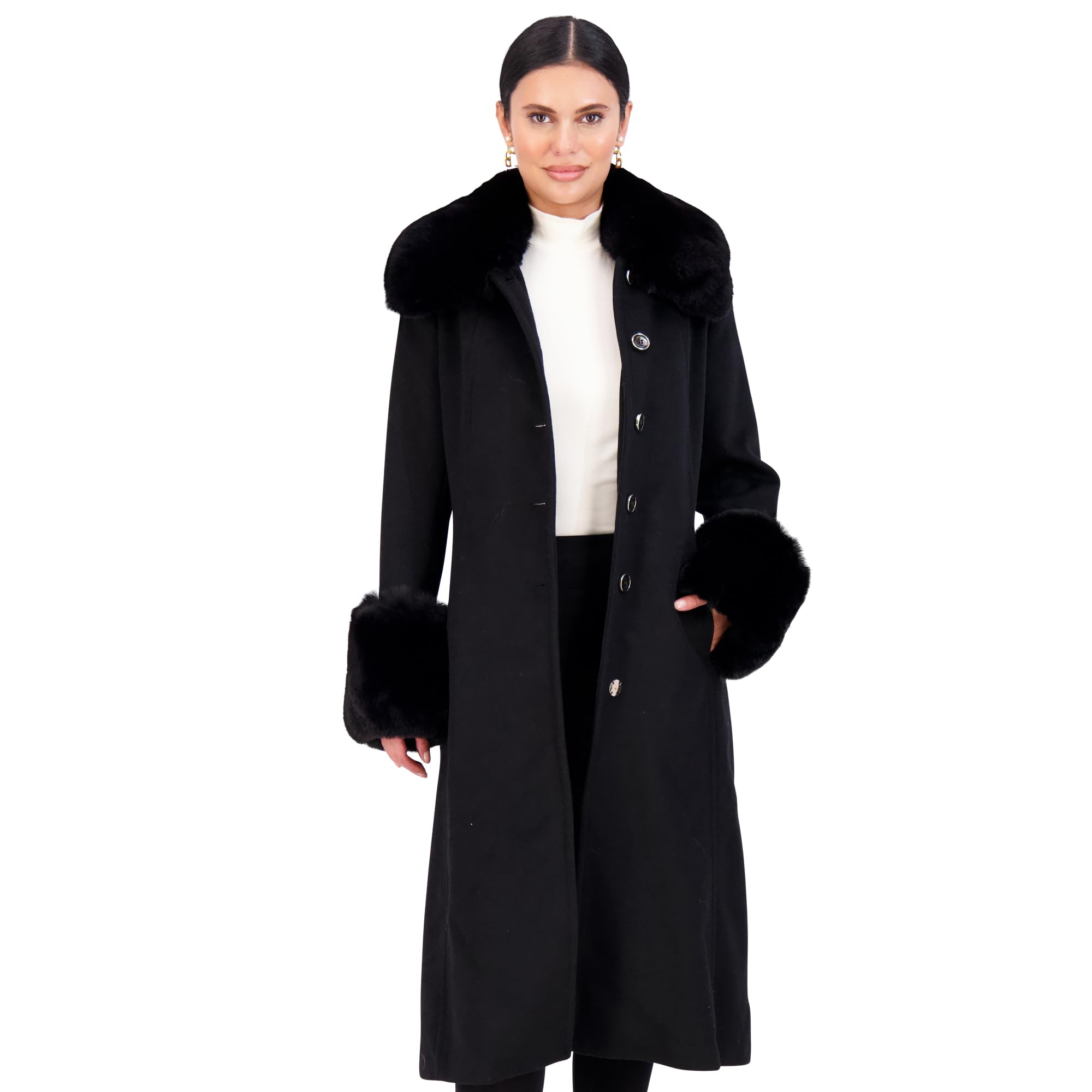 Vince Camuto Women's Wool Trench Coat with Fur Trim - Classic Pea Coat for Fall & Winter, Office Wear & Formal Occasions