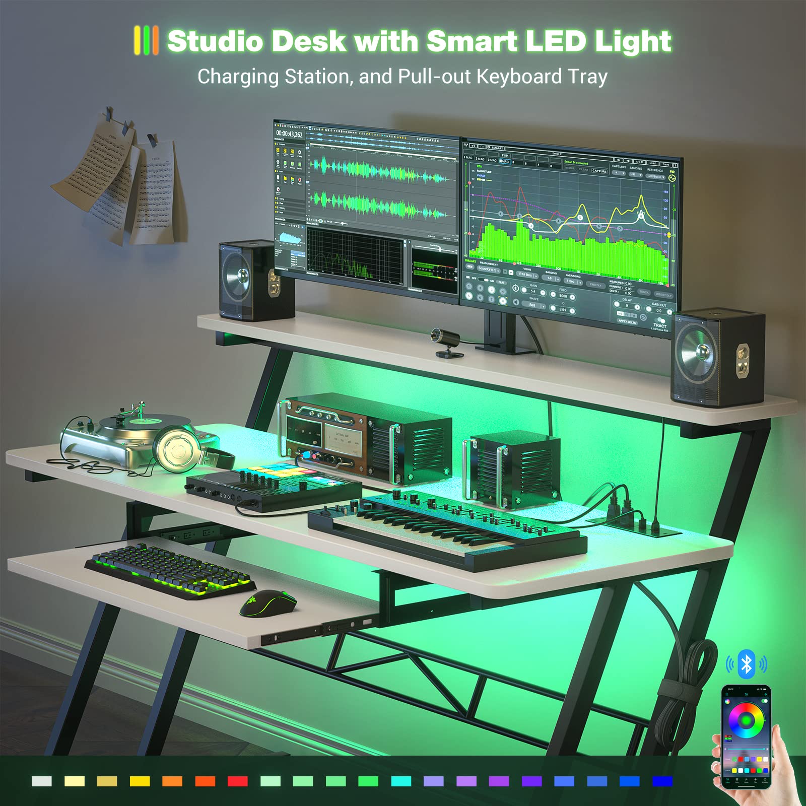 Armocity Music Studio Desk with Power Outlets & RGB LED Lights - Professional Recording Studio Workstation for Music Producers, DJs & Home Studios - Matte White Finish for Modern Music Production Setup