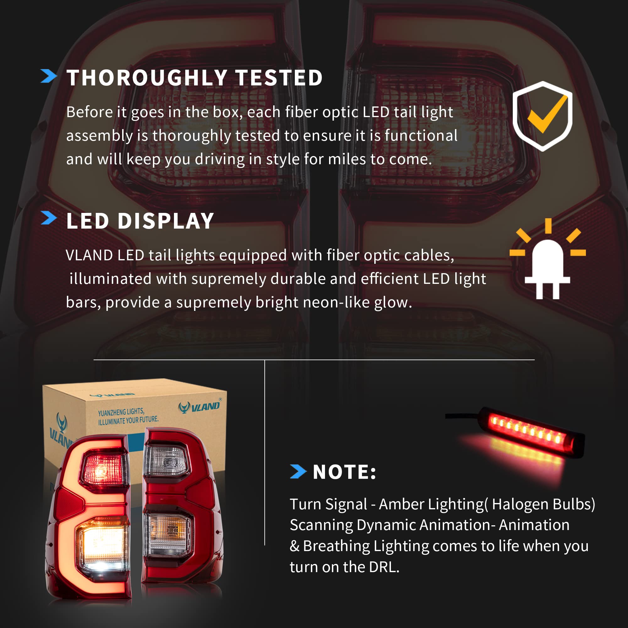 VLAND LED Tail Lights for Toyota Hilux 2015-2020 Revo Pickup Truck - Dynamic Animation Running Lights, Red Rear Lamp Assembly (Passenger & Driver Sides, LHD) - Perfect for Night Driving & Custom Car Upgrades