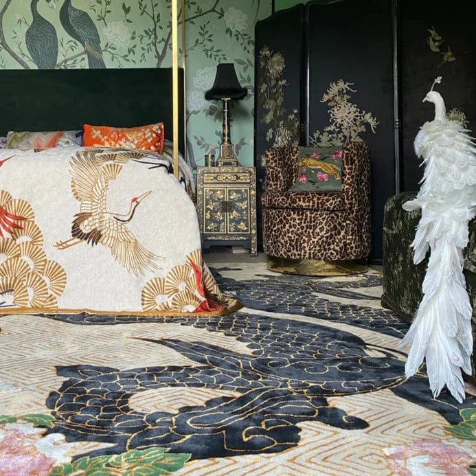 Premium Black & Gold Hand Tufted Dragon Florals Rug - Luxury Bohemian Home Decor for Living Room, Bedroom & Office - Pre Order Now