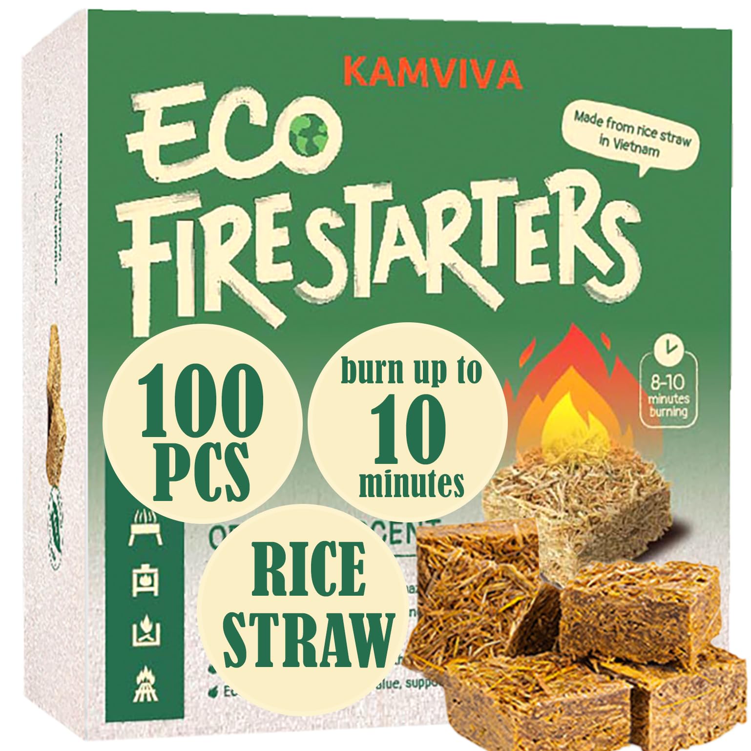 Premium Rice Straw & Food Grade Wax Fire Starters - 100 Natural Squares for Fireplace, Campfire, Charcoal, Chimney, Wood Stove | Long-Lasting 10-Minute Burn | Ideal for Outdoor Camping, BBQ, and Home Heating