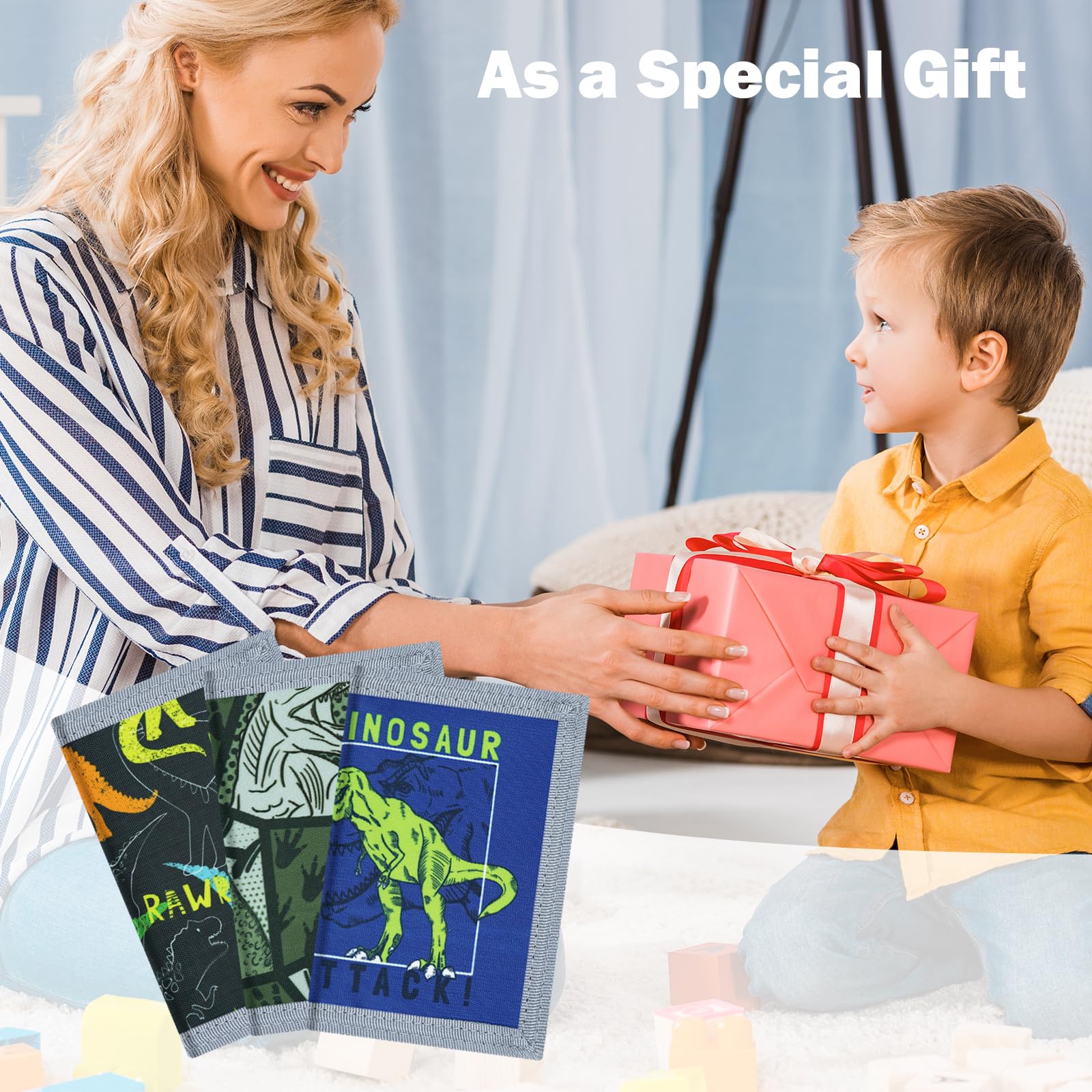 3 Packs Kids RFID Blocking Wallet - Dinosaur Cartoon Trifold Coin Purse with Zipper & Magic Sticker, Front Pocket Wallet for Boys Girls, Canvas Mini Wallets for School, Travel & Outdoor Sports