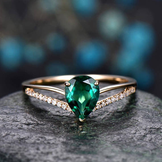 Pear Cut Emerald Engagement Ring 14K Yellow Gold Handmade Diamond Ring Split Shank Stacking Band - Gemstone Promise Ring for Anniversary, Wedding, Proposal & Special Occasions