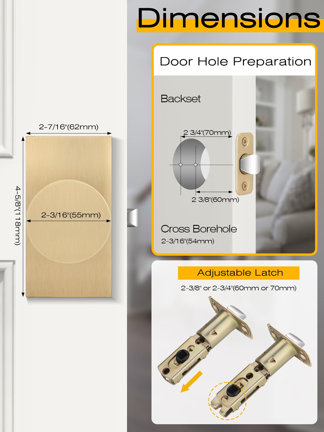 EHOMEWARE 3-Pack Gold Privacy Door Knobs with Lock - Bedroom & Bathroom Interior Door Handles, Reversible for Left/Right Doors, Rectangular Base - No Key Needed for Home, Office, or Apartment Use